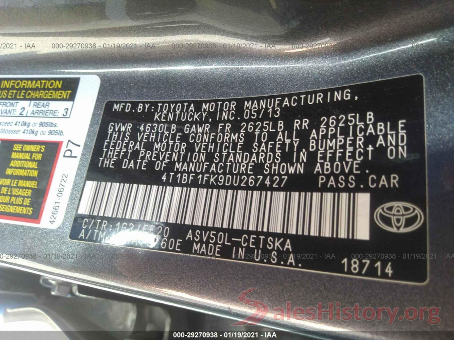 4T1BF1FK9DU267427 2013 TOYOTA CAMRY