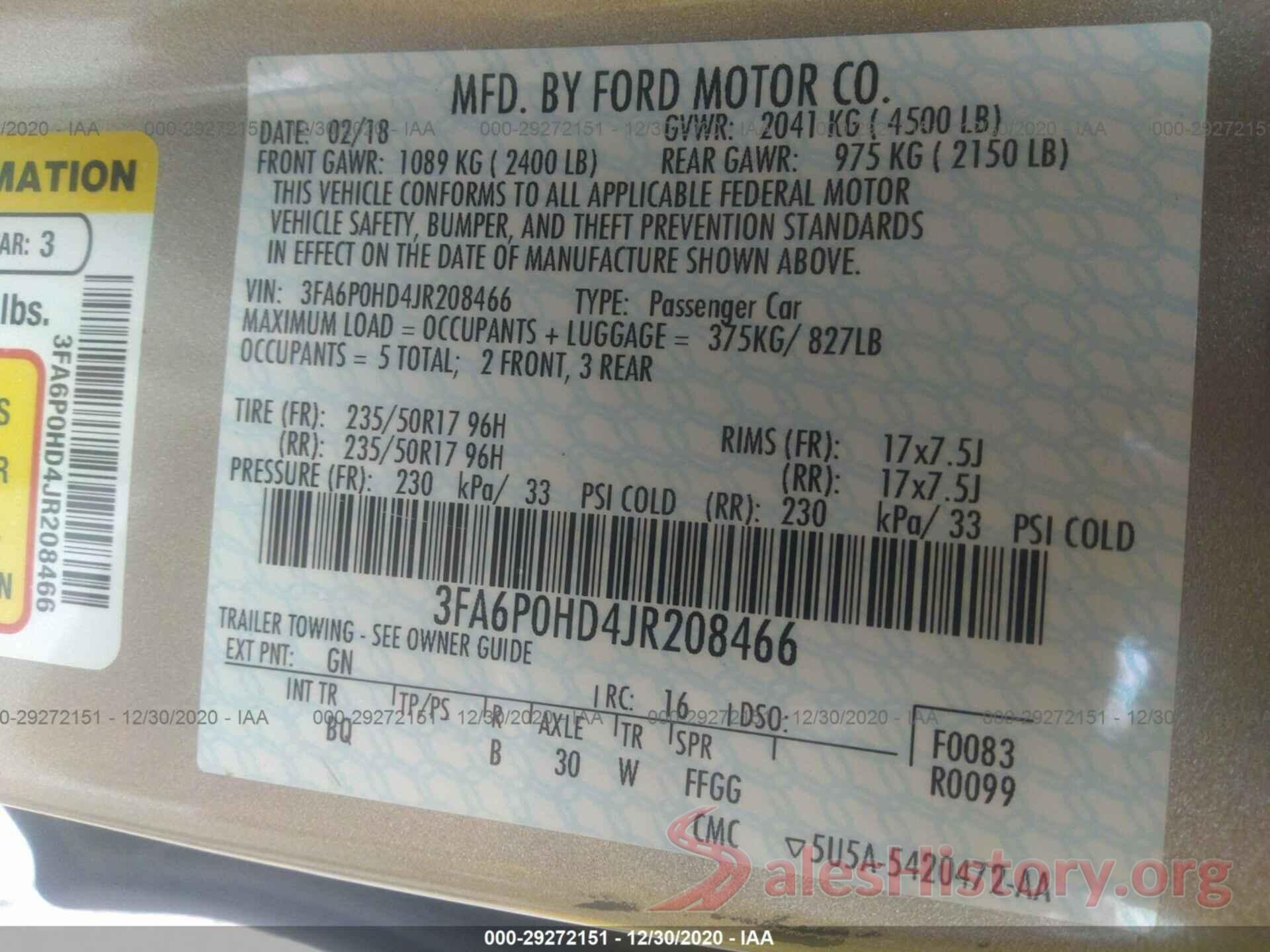 3FA6P0HD4JR208466 2018 FORD FUSION