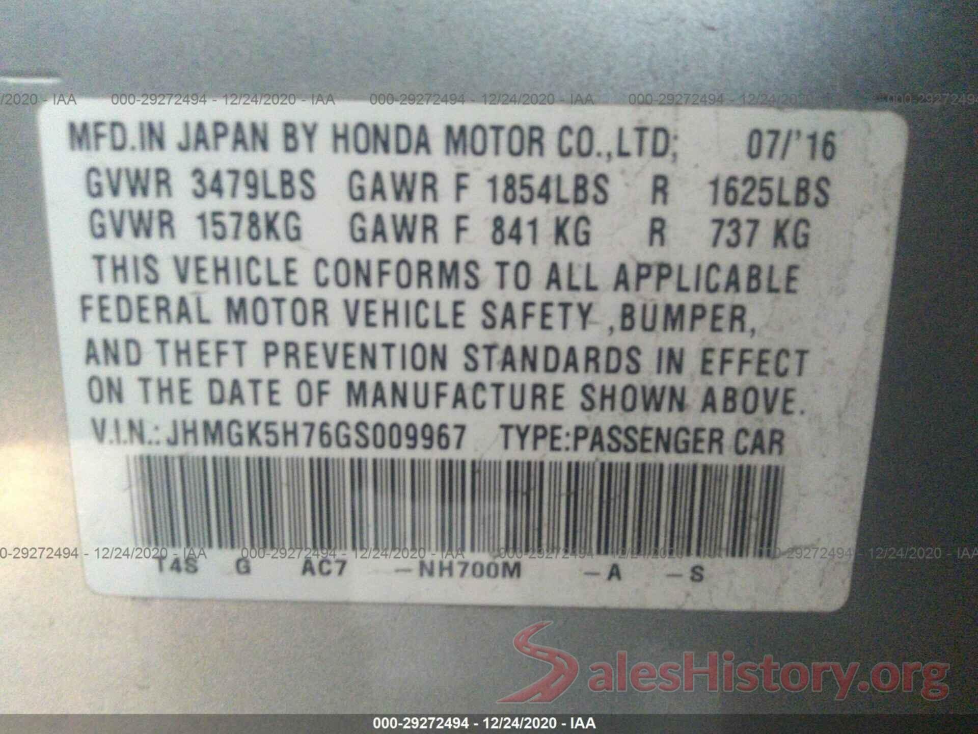 JHMGK5H76GS009967 2016 HONDA FIT