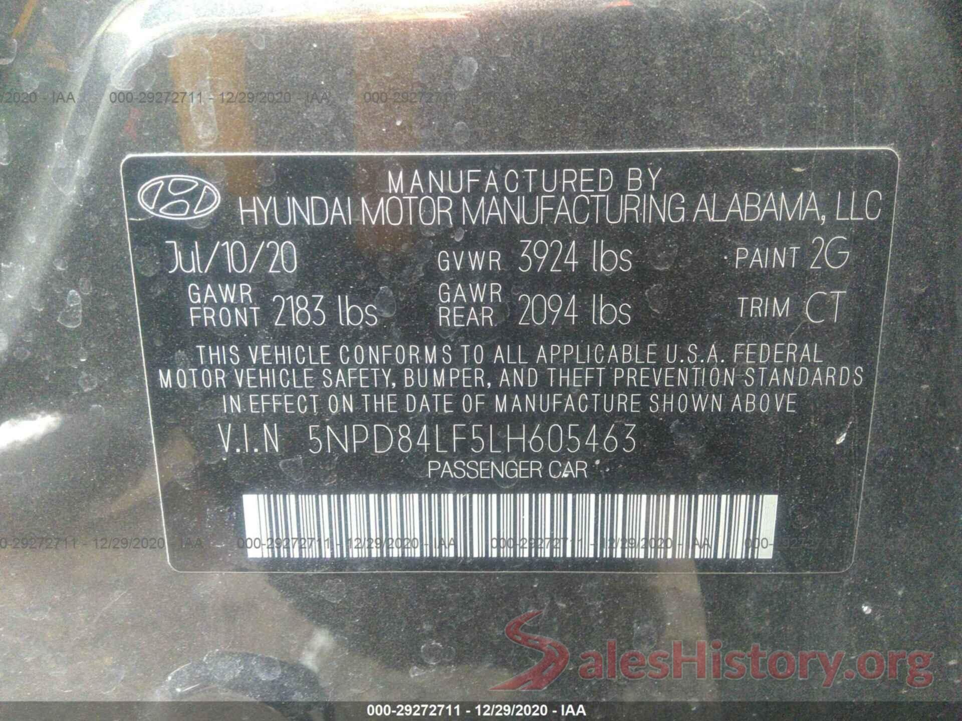 5NPD84LF5LH605463 2020 HYUNDAI ELANTRA