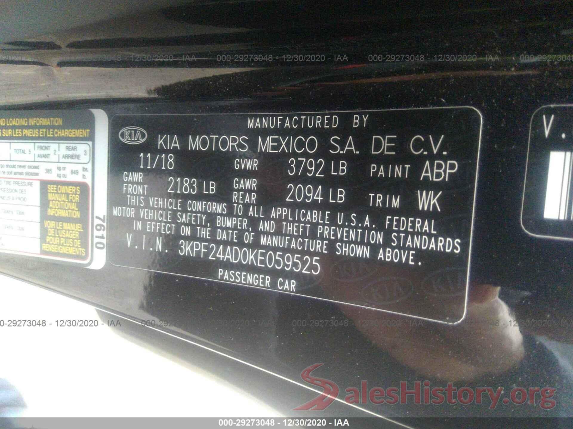 3KPF24AD0KE059525 2019 KIA FORTE