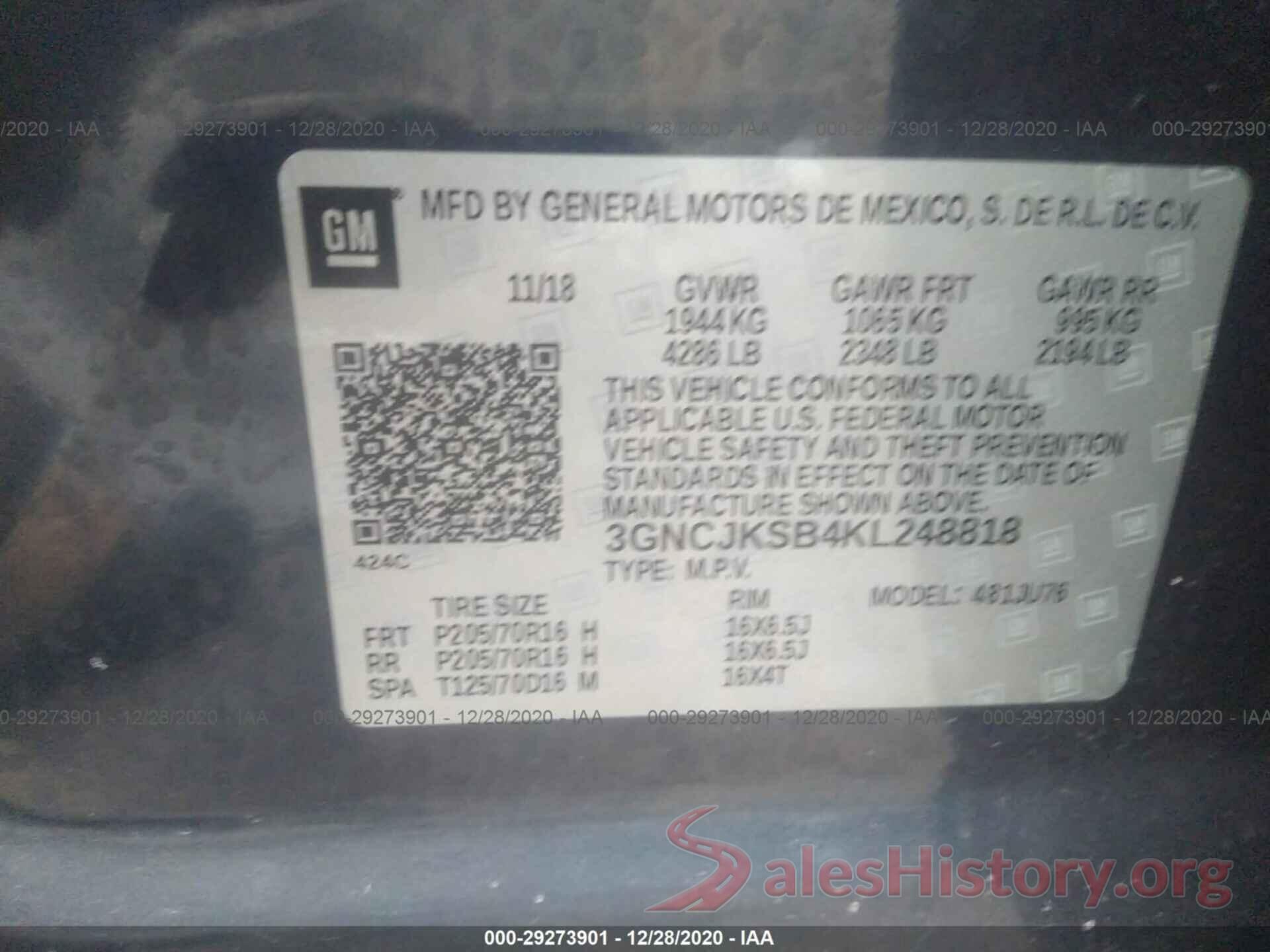 3GNCJKSB4KL248818 2019 CHEVROLET TRAX