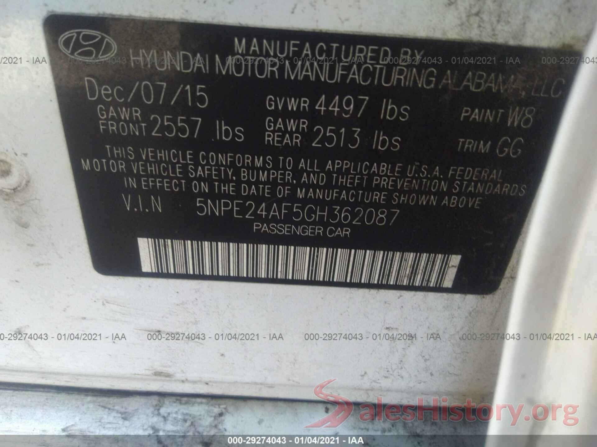 5NPE24AF5GH362087 2016 HYUNDAI SONATA