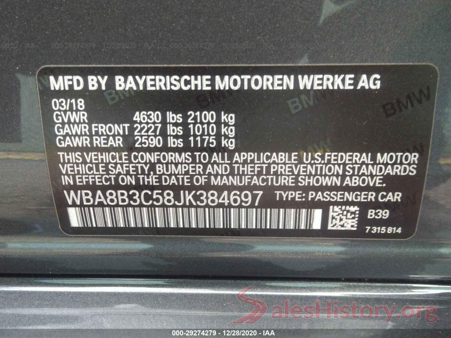 WBA8B3C58JK384697 2018 BMW 3 SERIES