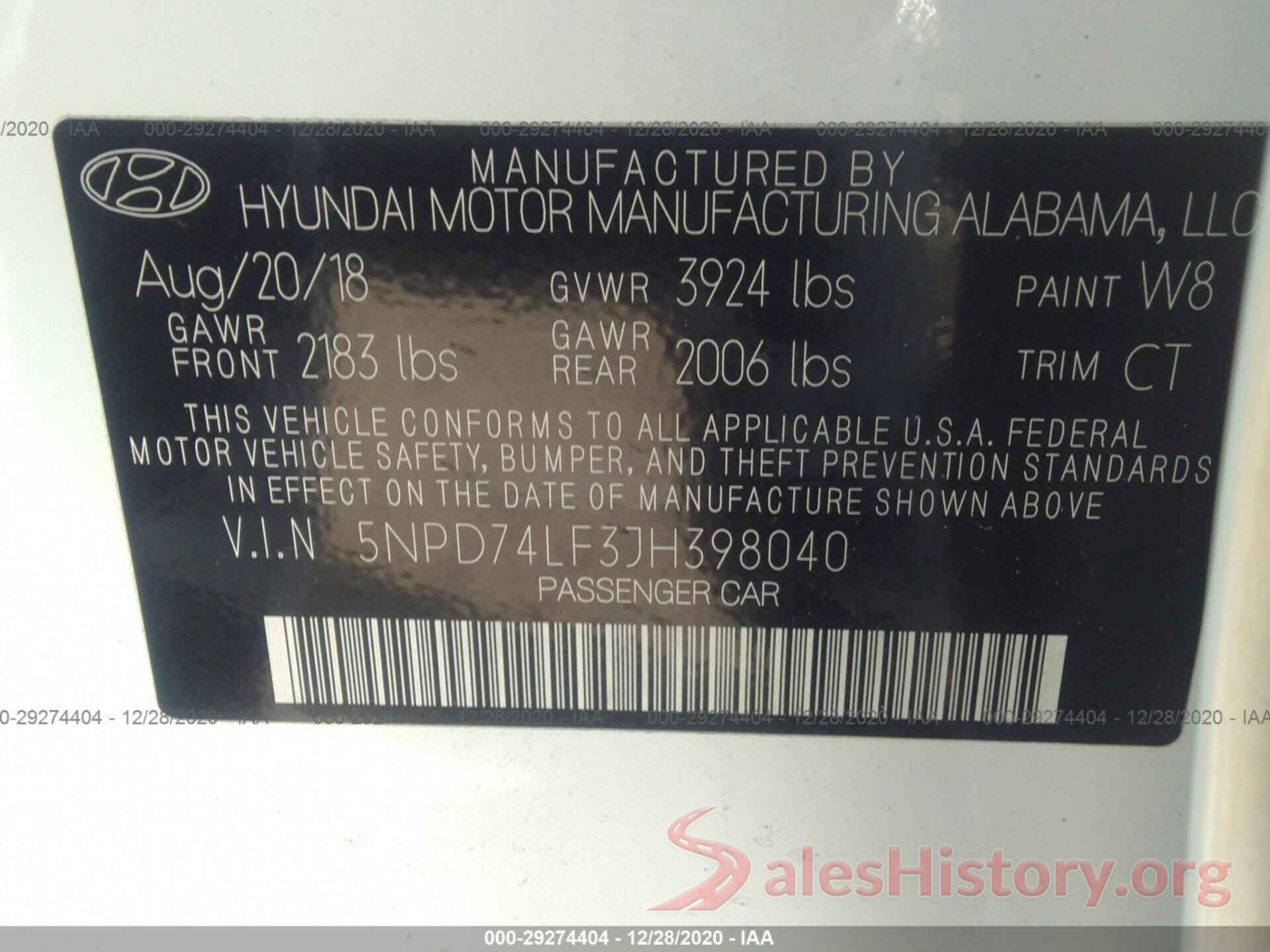 5NPD74LF3JH398040 2018 HYUNDAI ELANTRA