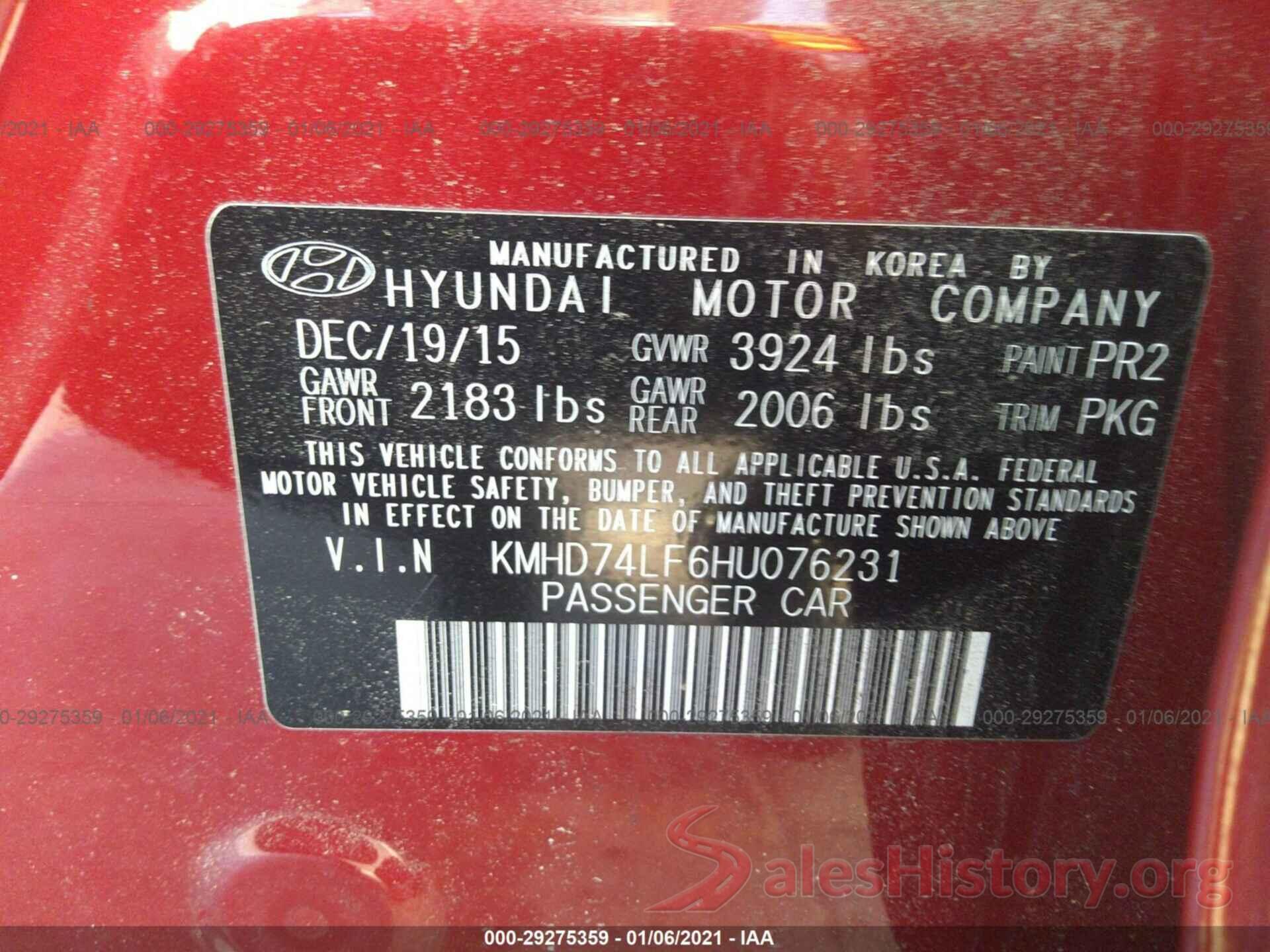 KMHD74LF6HU076231 2017 HYUNDAI ELANTRA