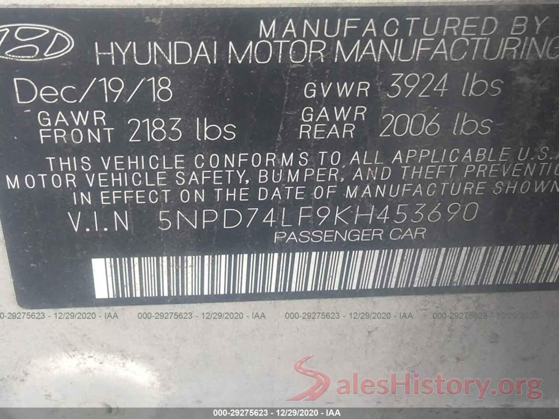 5NPD74LF9KH453690 2019 HYUNDAI ELANTRA