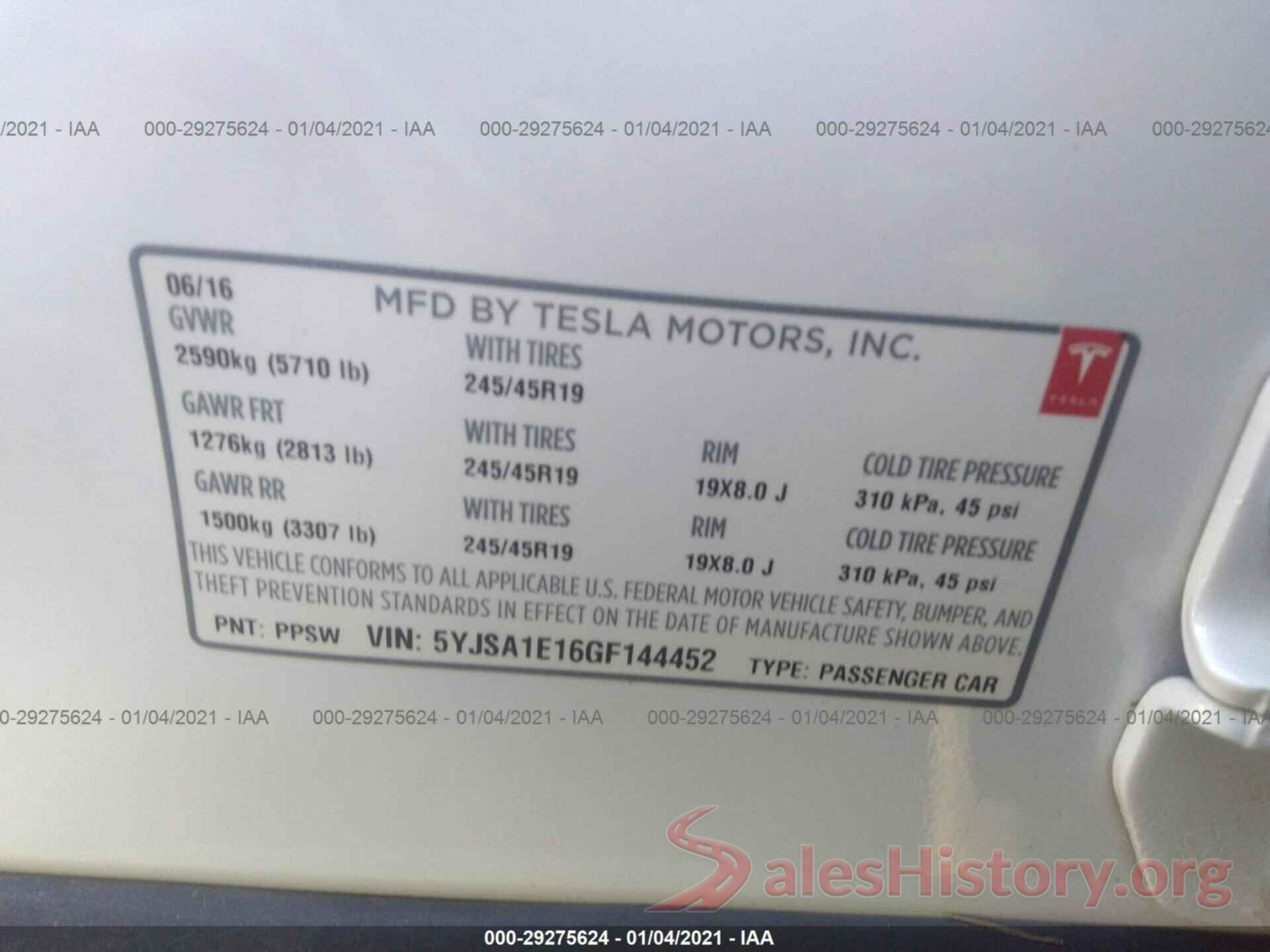 5YJSA1E16GF144452 2016 TESLA MODEL S