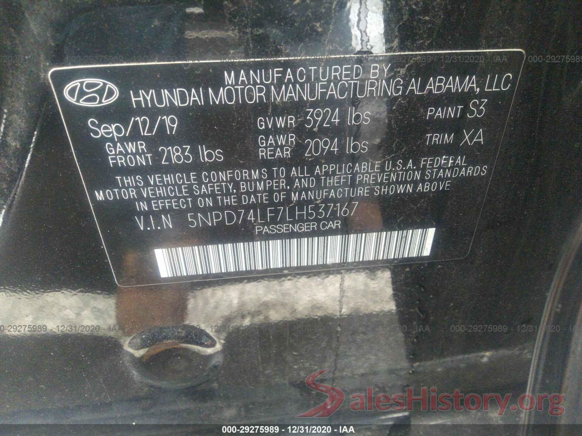 5NPD74LF7LH537167 2020 HYUNDAI ELANTRA