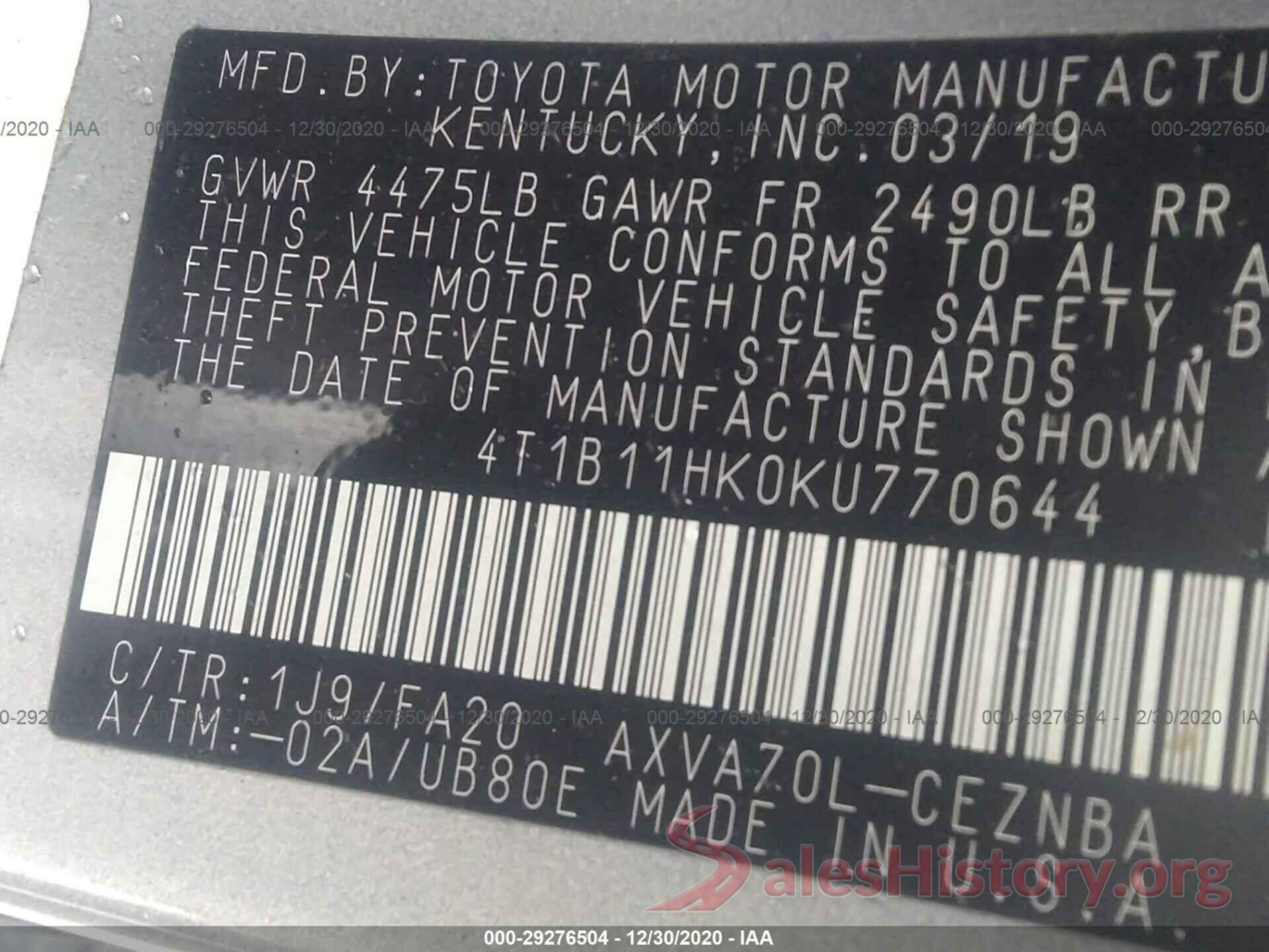 4T1B11HK0KU770644 2019 TOYOTA CAMRY