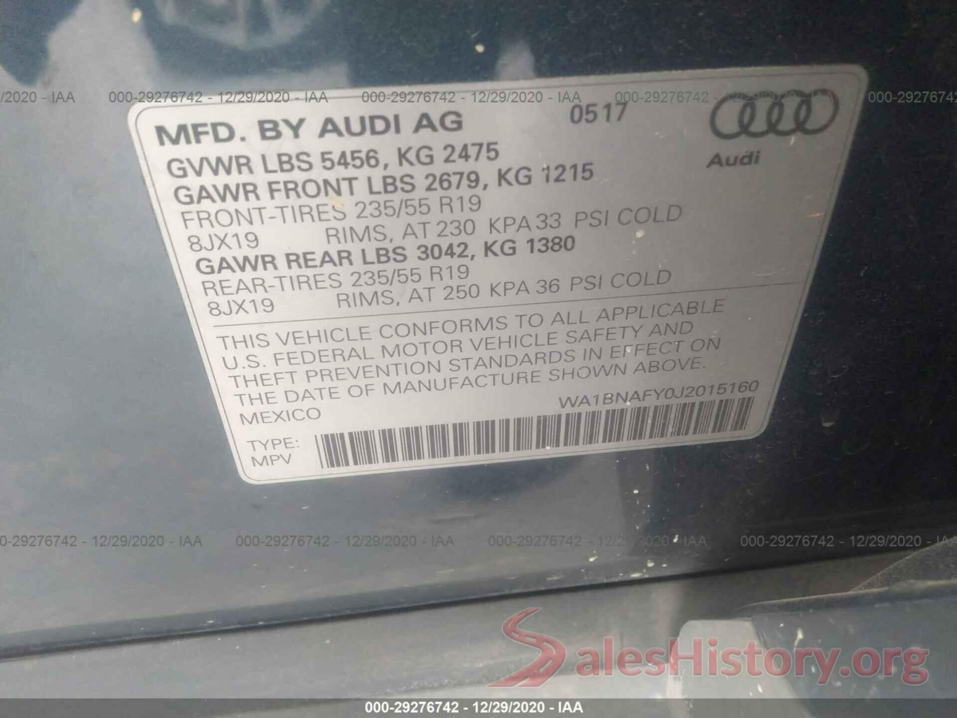 WA1BNAFY0J2015160 2018 AUDI Q5