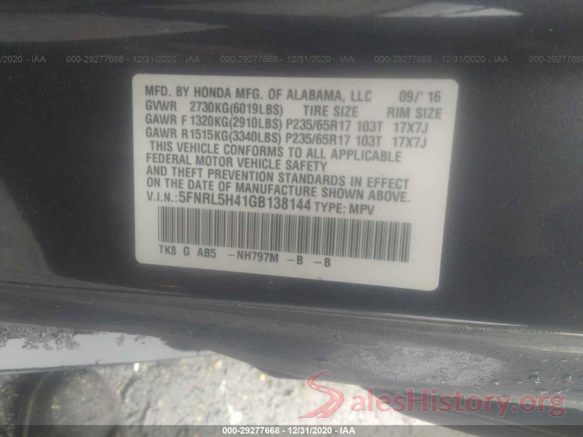 5FNRL5H41GB138144 2016 HONDA ODYSSEY