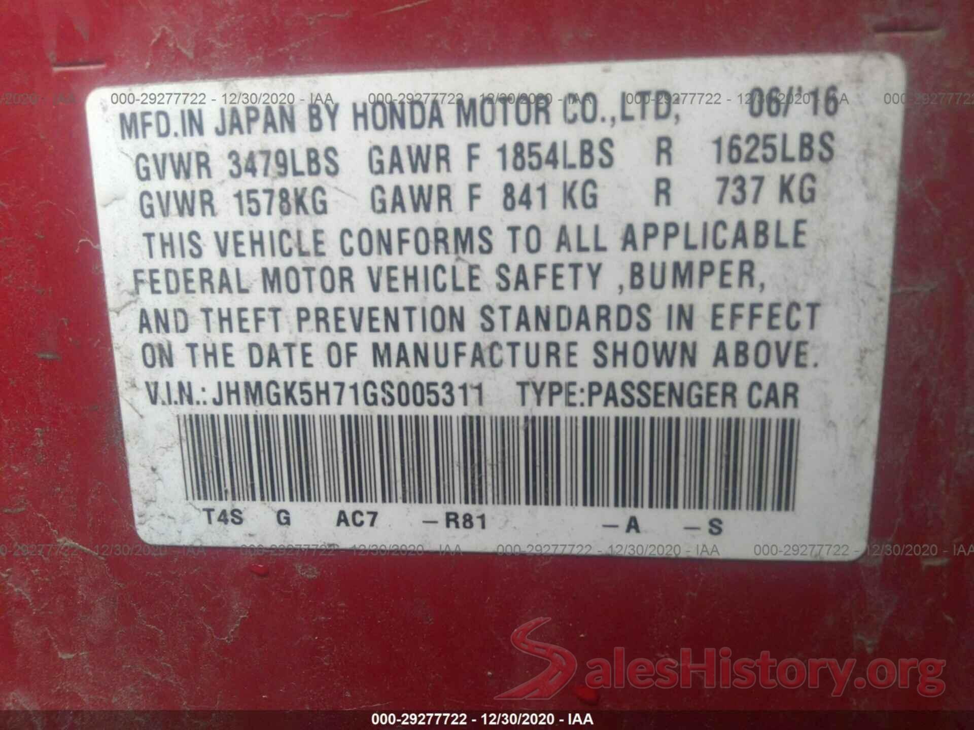 JHMGK5H71GS005311 2016 HONDA FIT