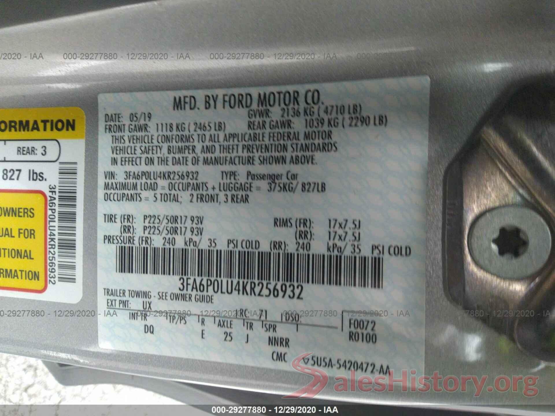 3FA6P0LU4KR256932 2019 FORD FUSION HYBRID