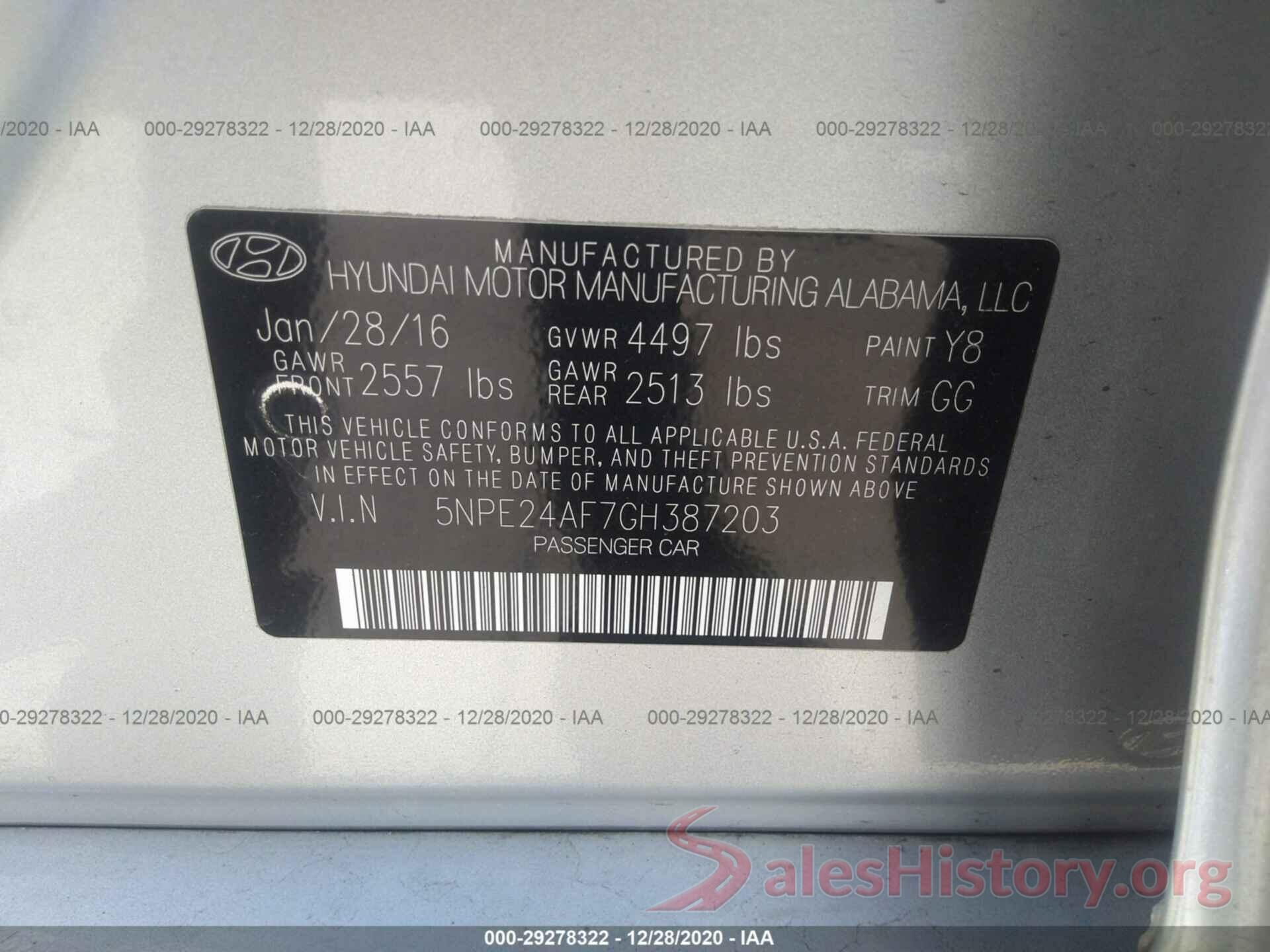 5NPE24AF7GH387203 2016 HYUNDAI SONATA