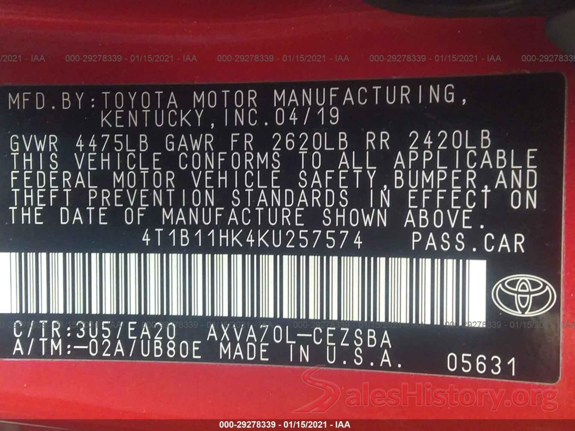 4T1B11HK4KU257574 2019 TOYOTA CAMRY