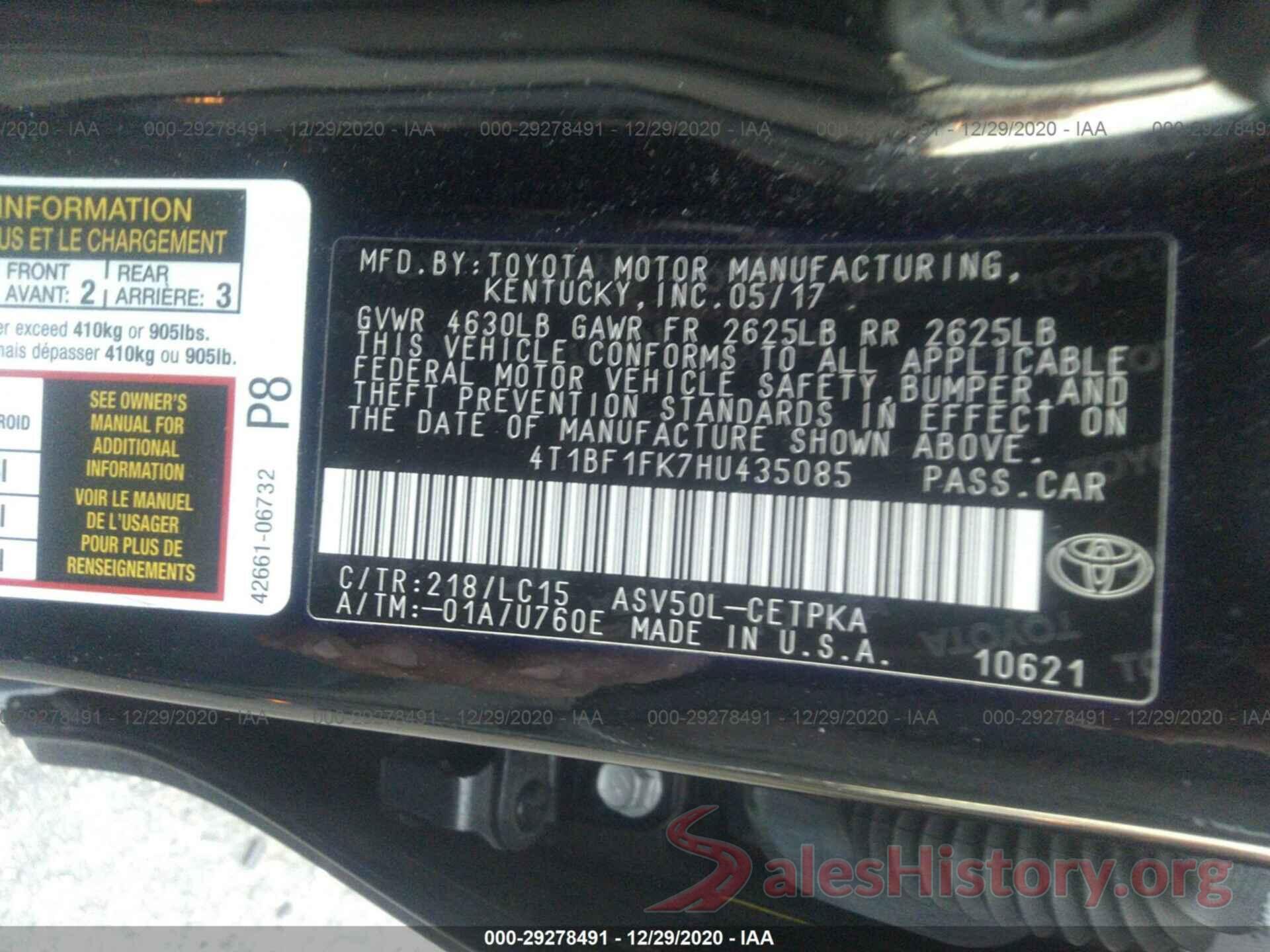 4T1BF1FK7HU435085 2017 TOYOTA CAMRY