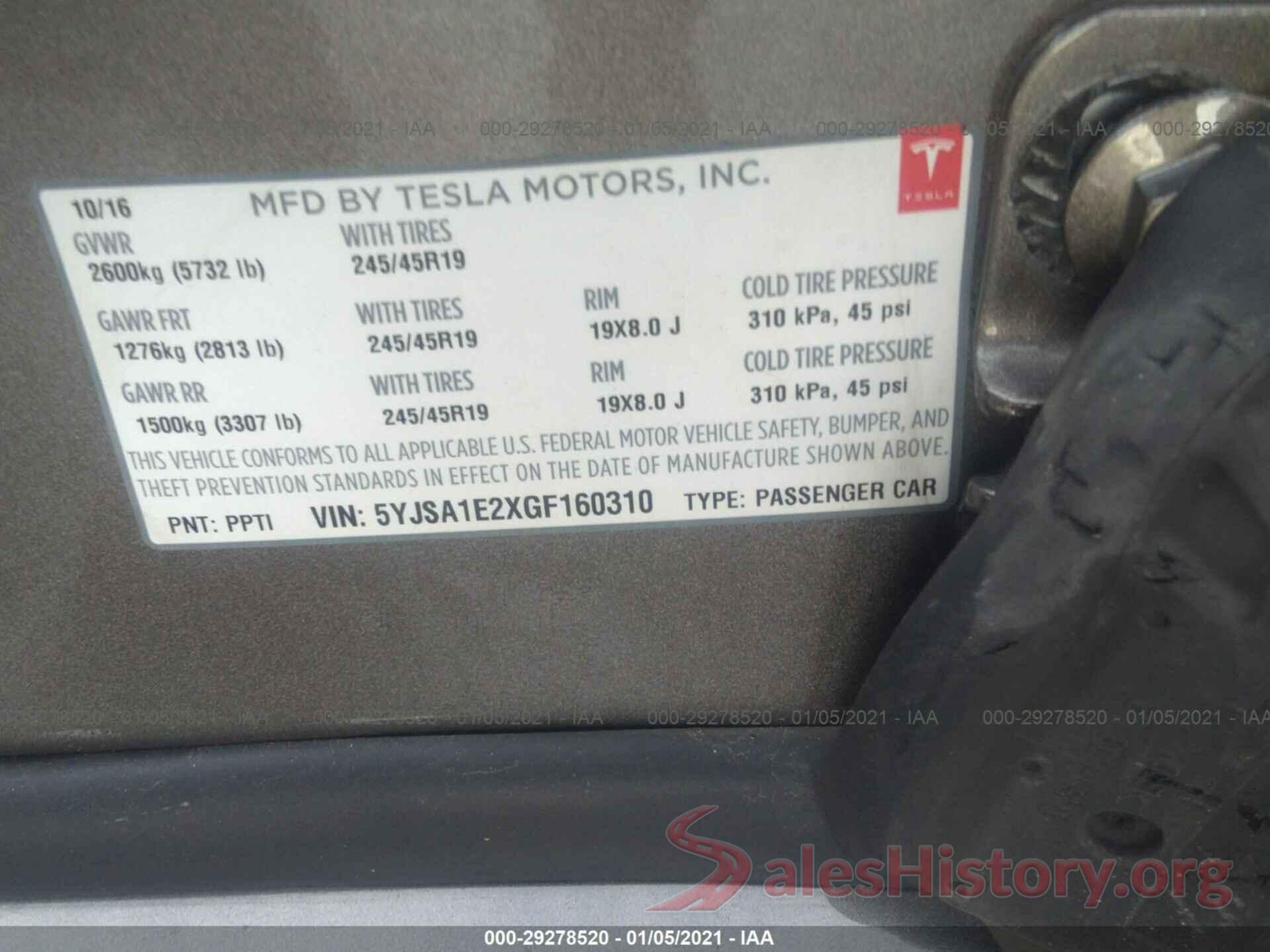 5YJSA1E2XGF160310 2016 TESLA MODEL S