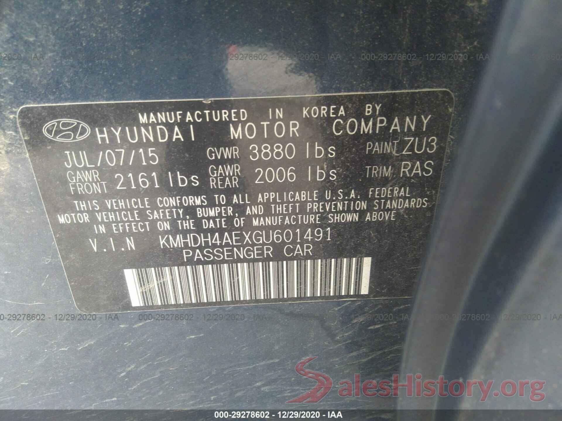 KMHDH4AEXGU601491 2016 HYUNDAI ELANTRA