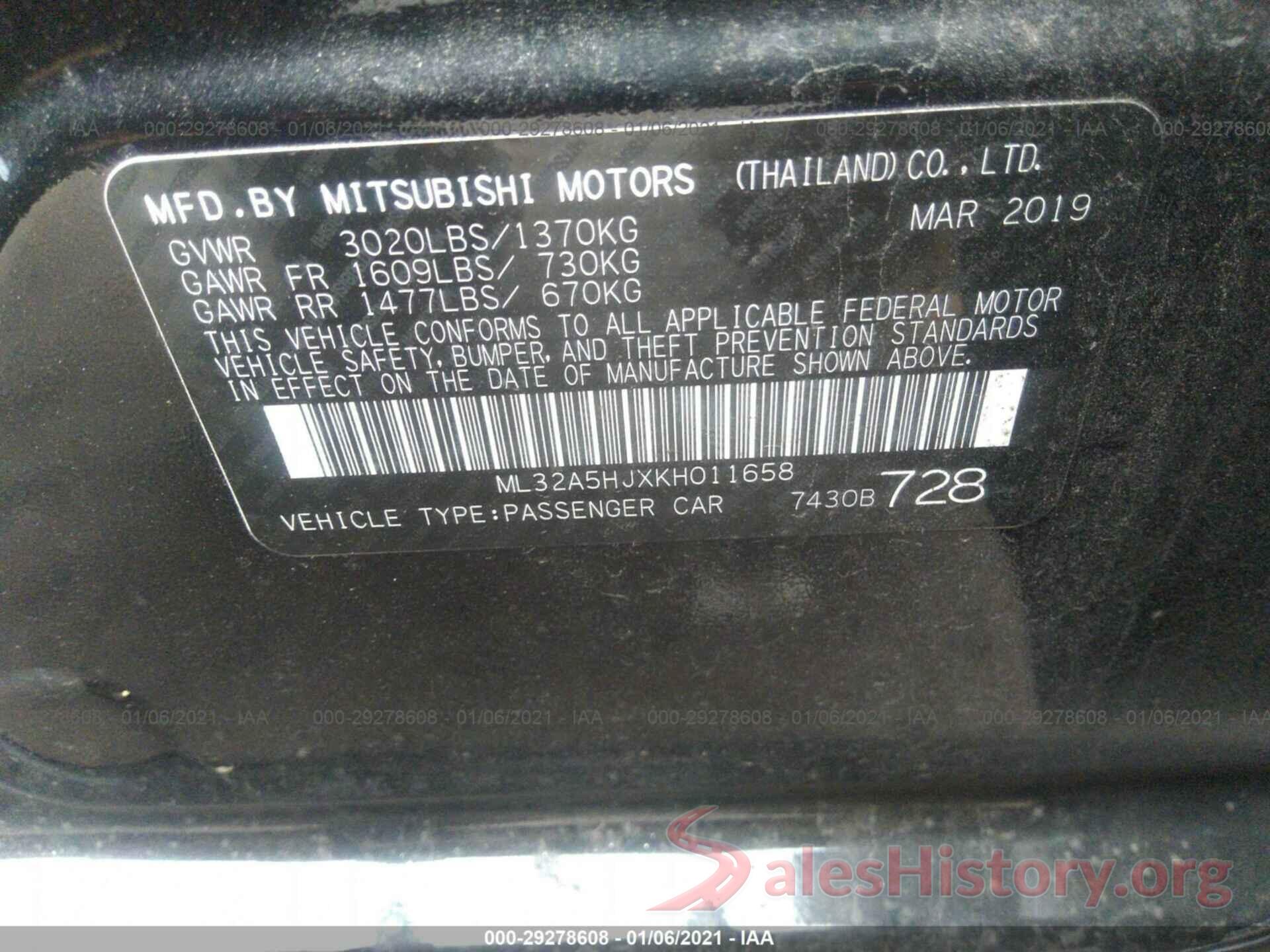 ML32A5HJXKH011658 2019 MITSUBISHI MIRAGE