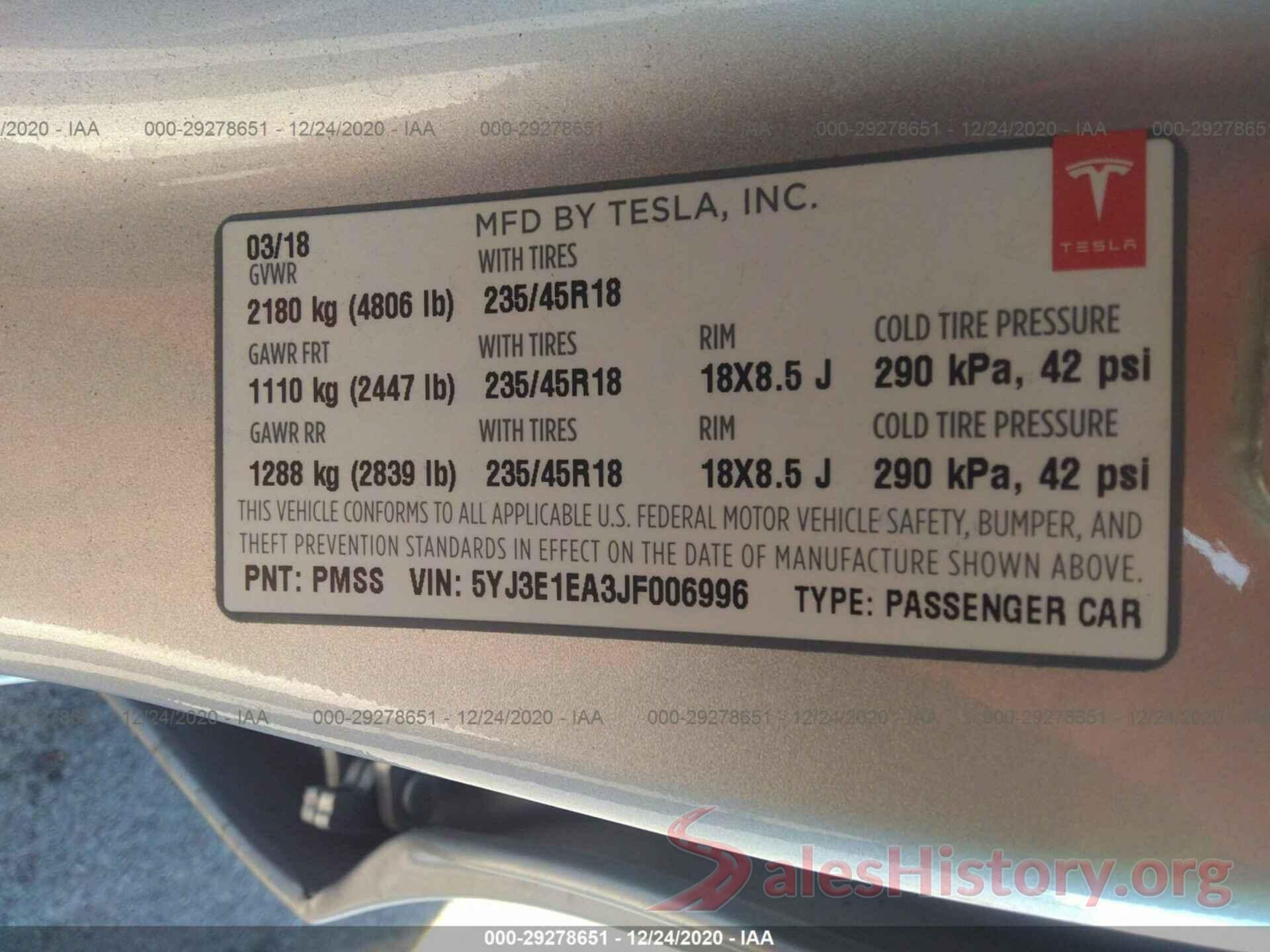 5YJ3E1EA3JF006996 2018 TESLA MODEL 3