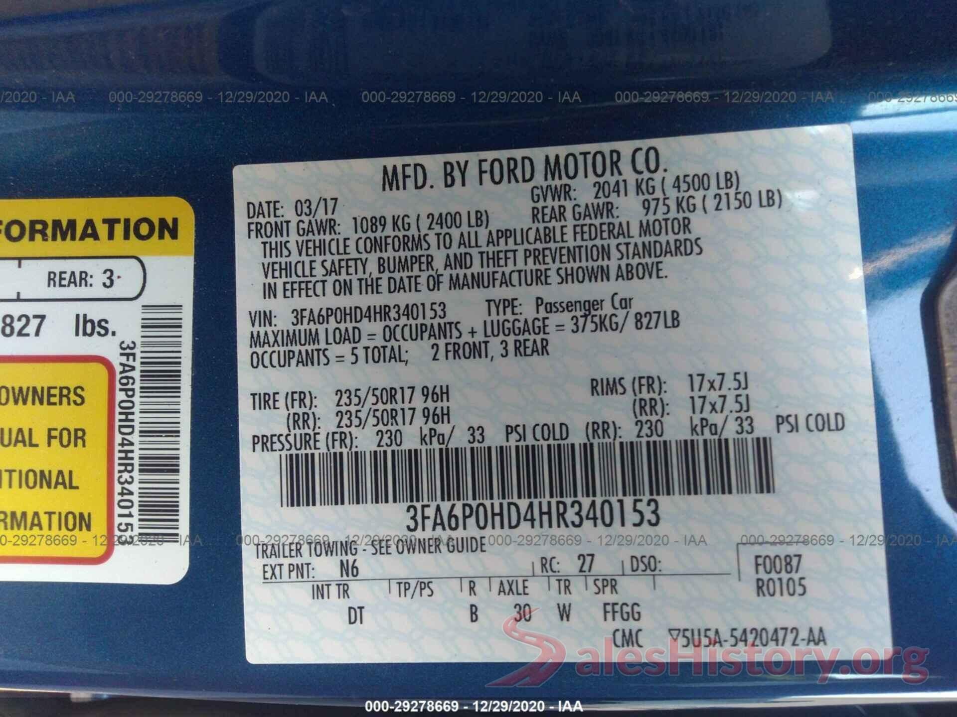 3FA6P0HD4HR340153 2017 FORD FUSION