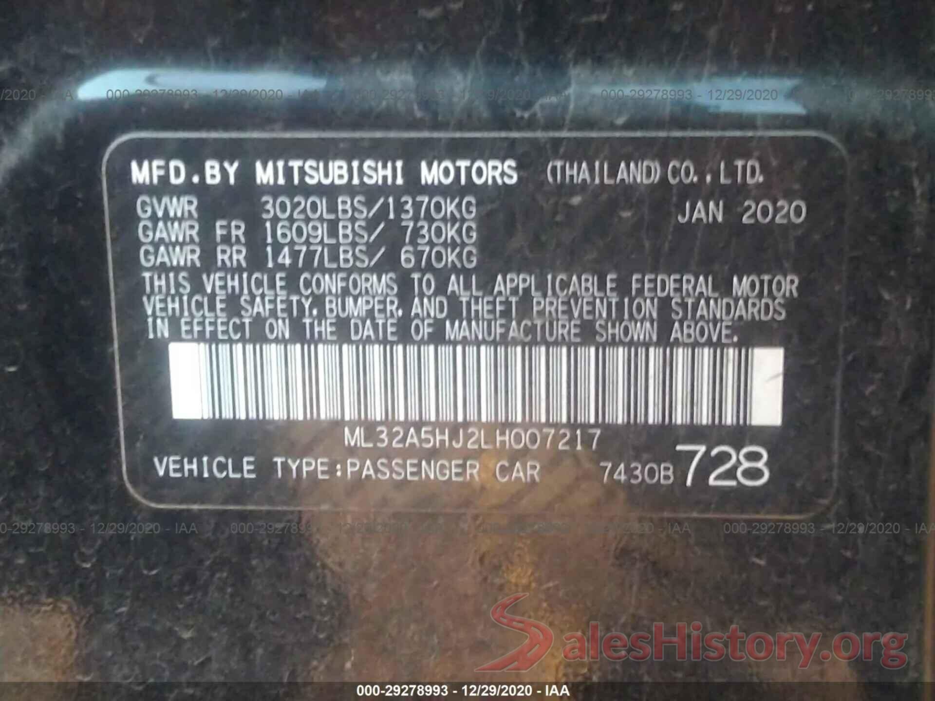 ML32A5HJ2LH007217 2020 MITSUBISHI MIRAGE