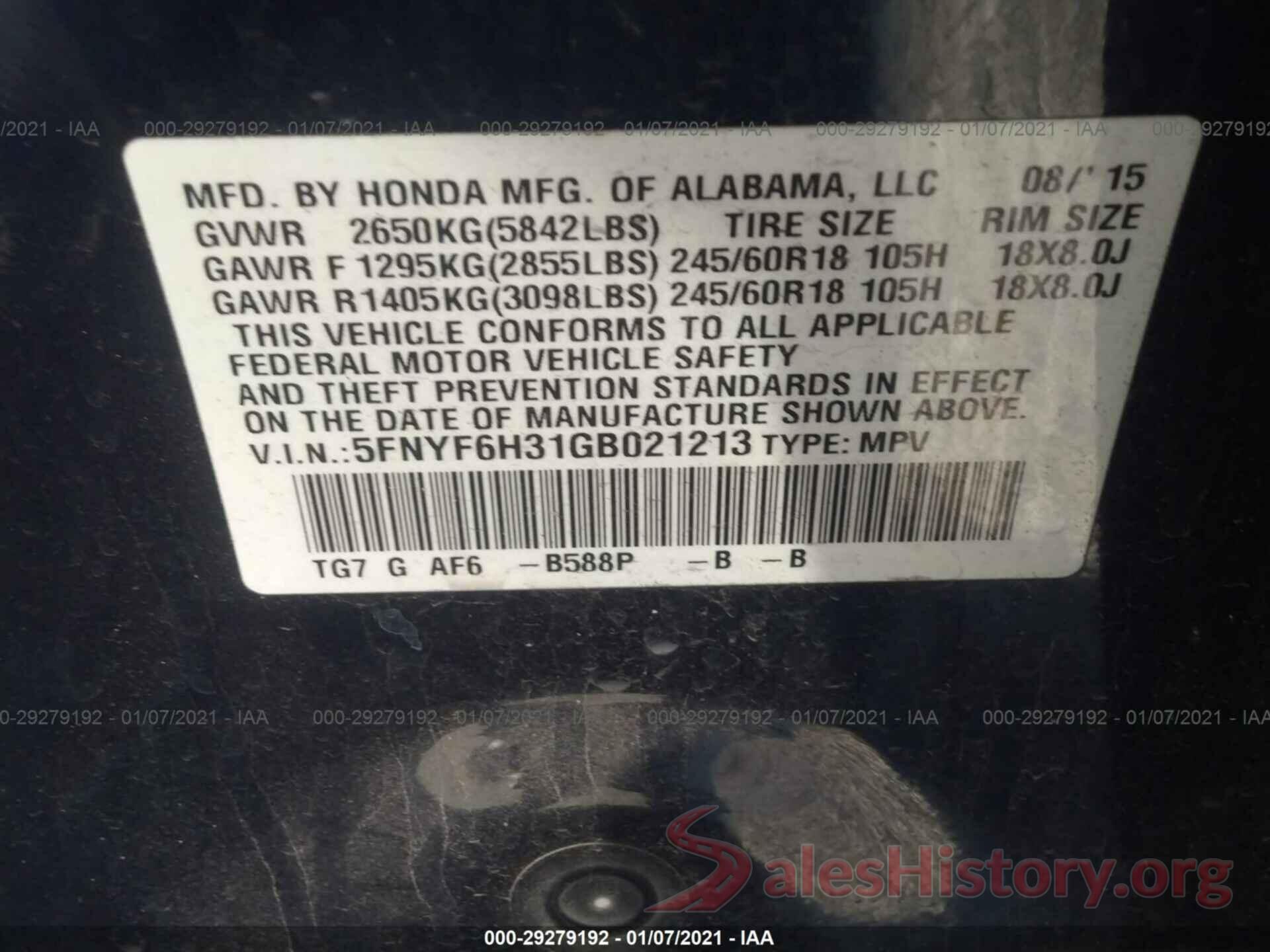 5FNYF6H31GB021213 2016 HONDA PILOT