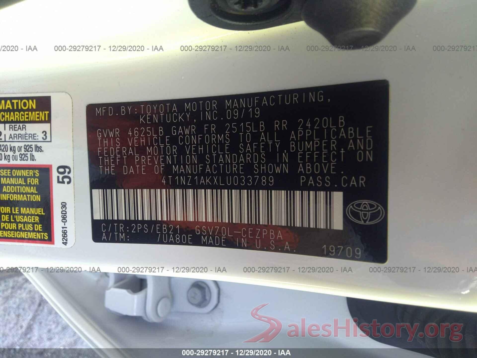 4T1NZ1AKXLU033789 2020 TOYOTA CAMRY