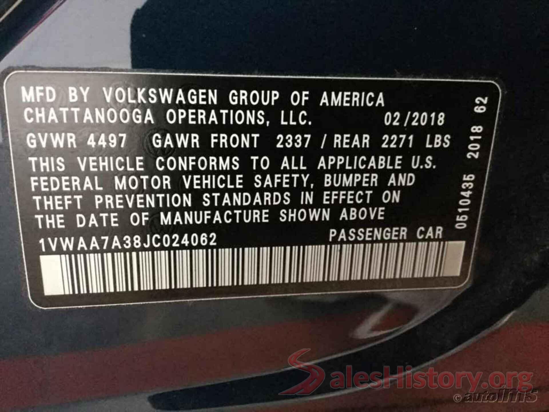 1VWAA7A38JC024062 2018 VOLKSWAGEN PASSAT