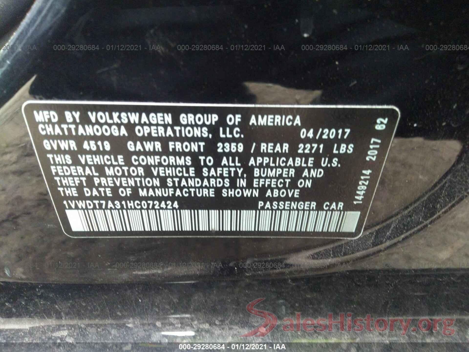 1VWDT7A31HC072424 2017 VOLKSWAGEN PASSAT