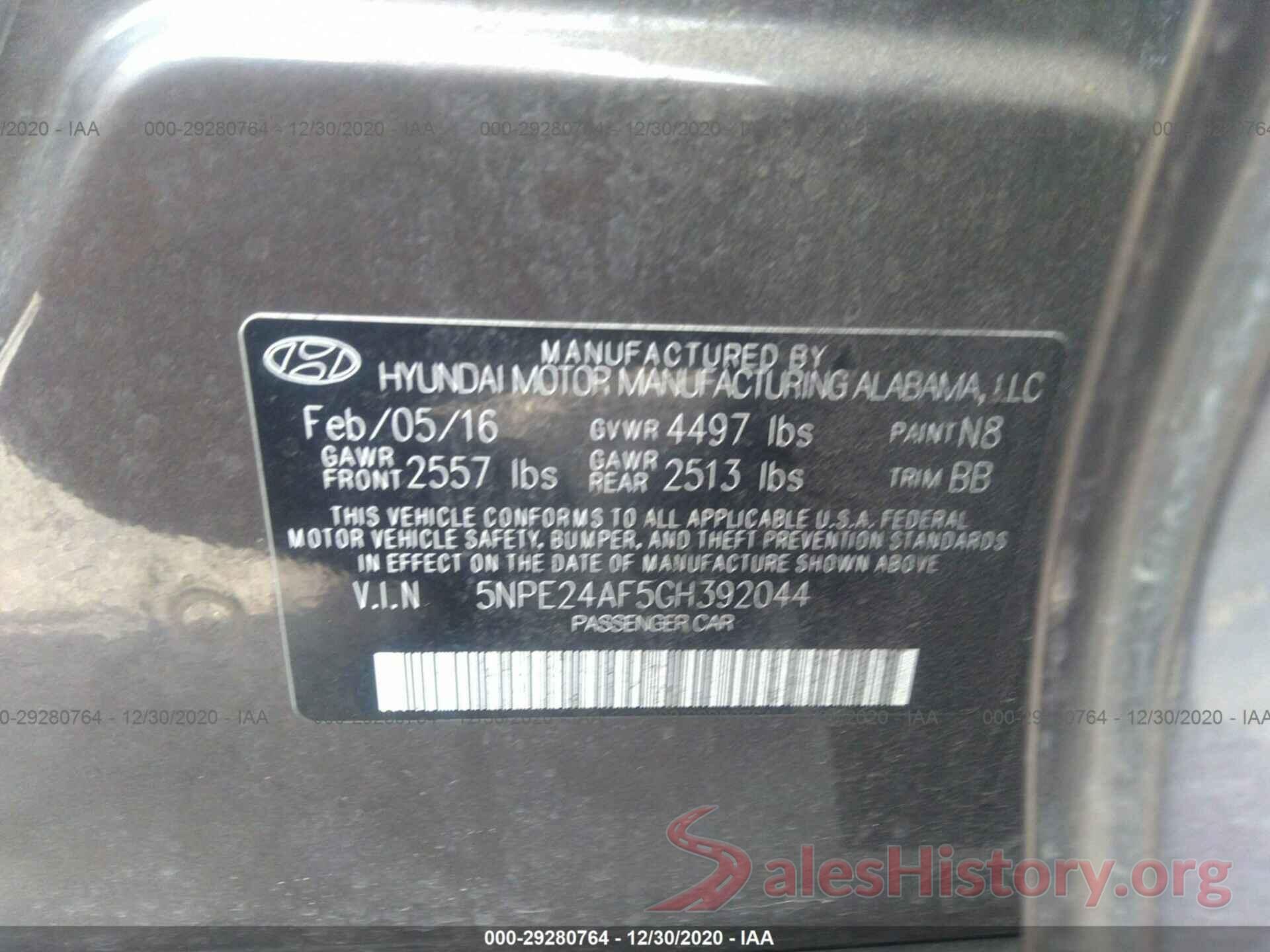 5NPE24AF5GH392044 2016 HYUNDAI SONATA