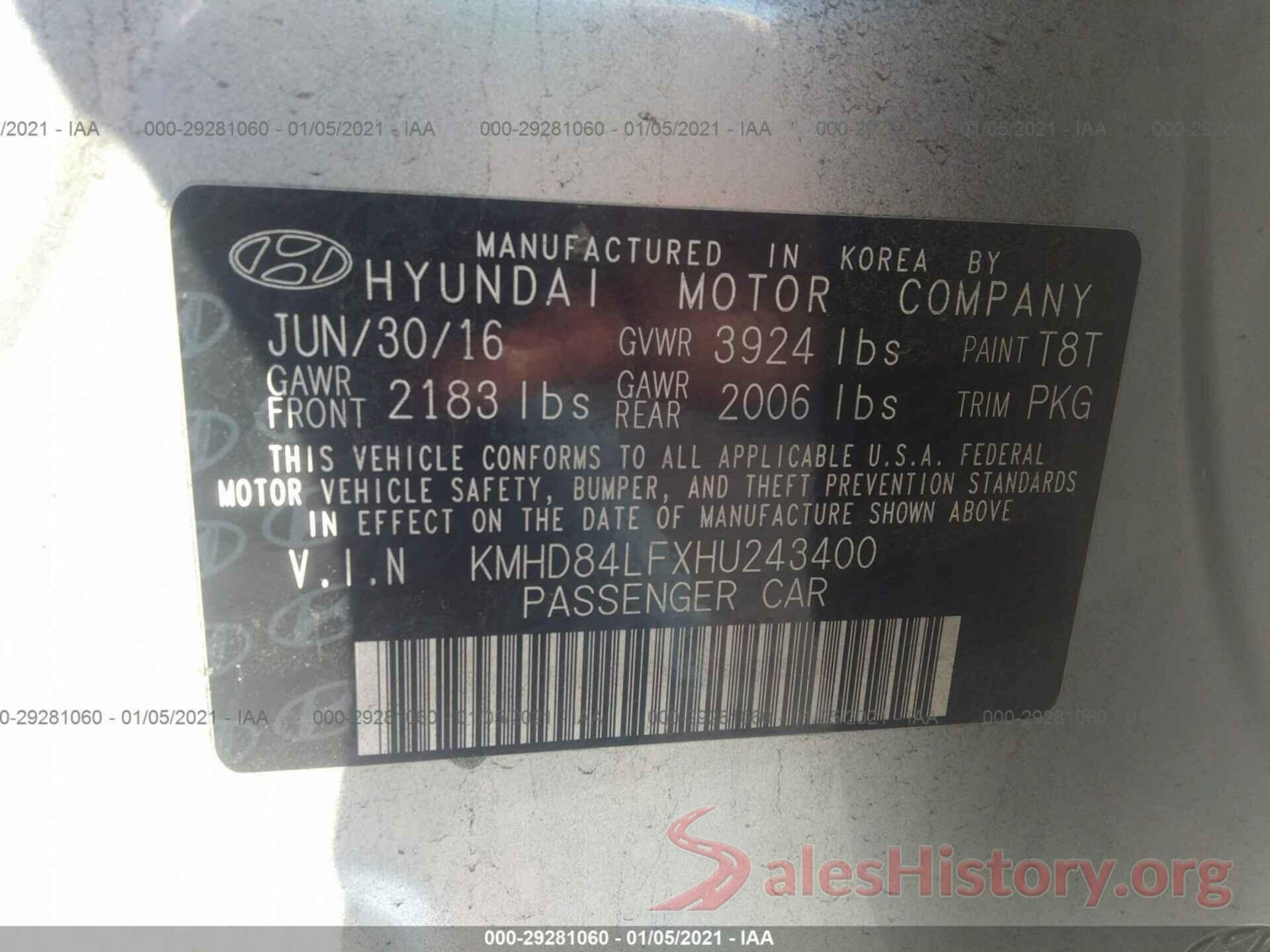 KMHD84LFXHU243400 2017 HYUNDAI ELANTRA