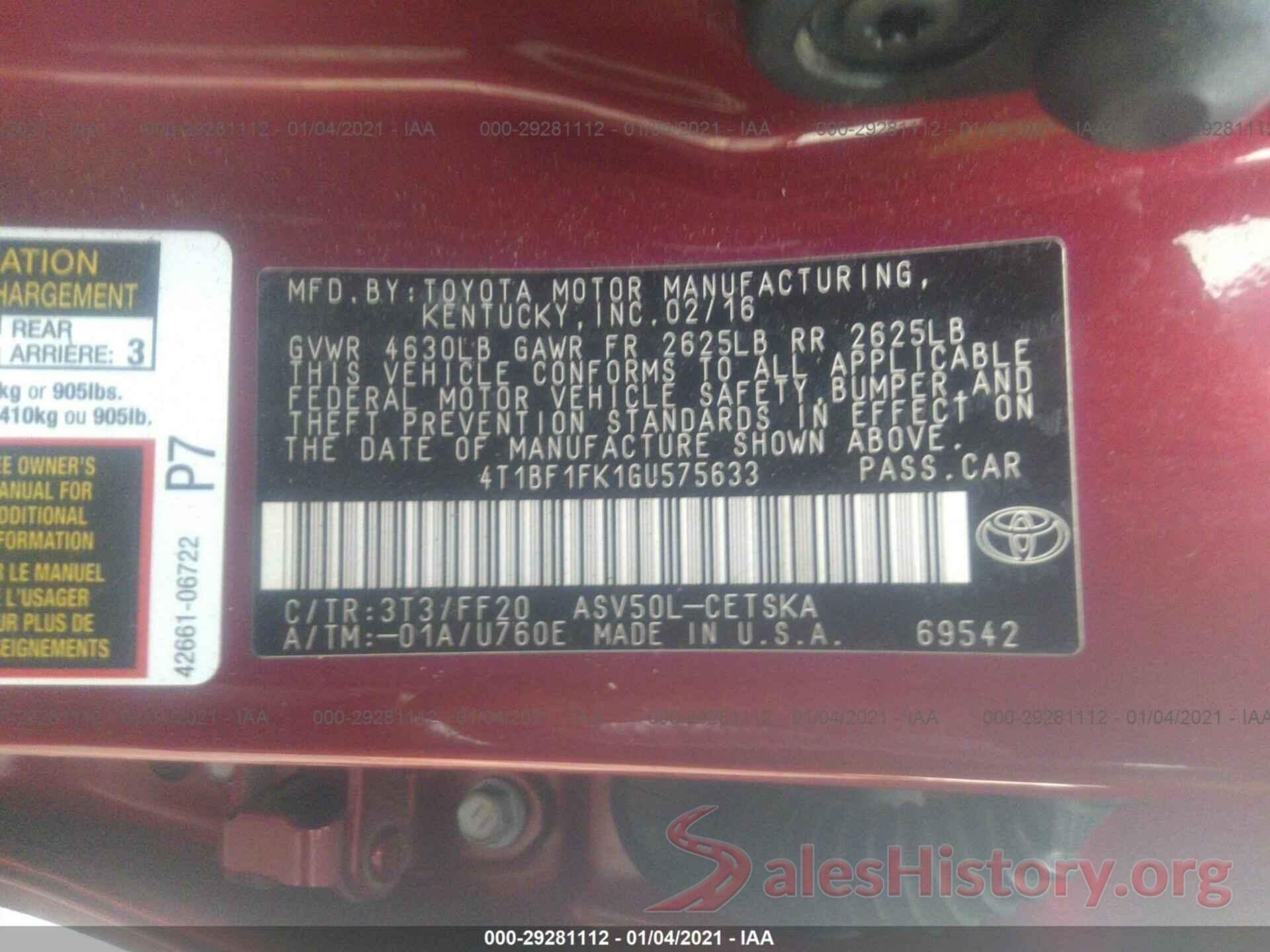 4T1BF1FK1GU575633 2016 TOYOTA CAMRY