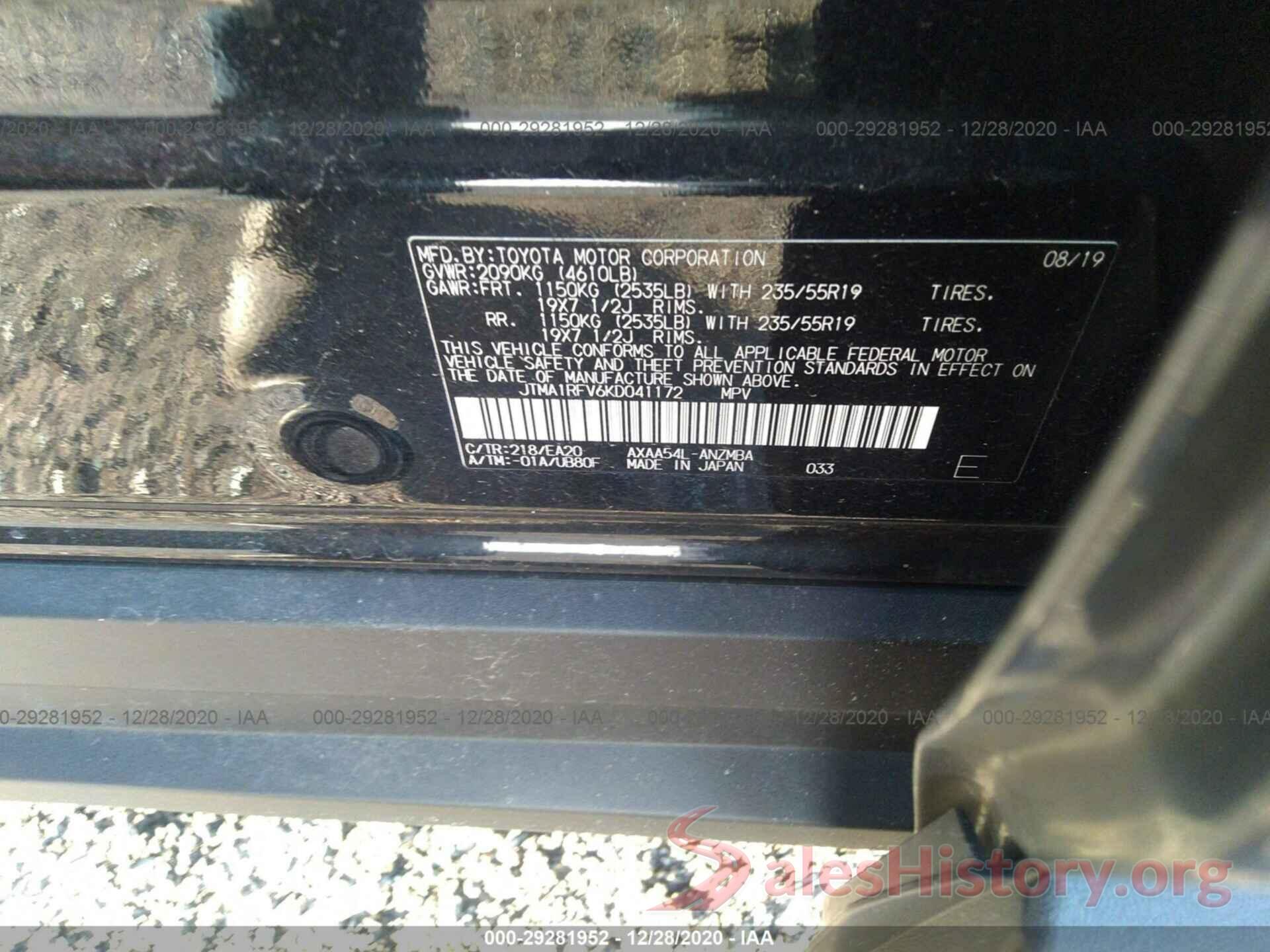 JTMA1RFV6KD041172 2019 TOYOTA RAV4