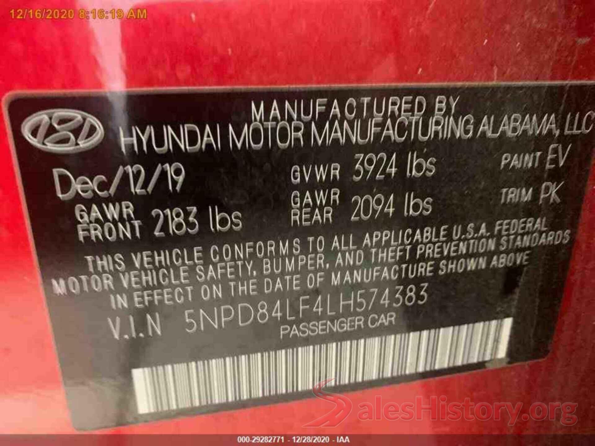 5NPD84LF4LH574383 2020 HYUNDAI ELANTRA