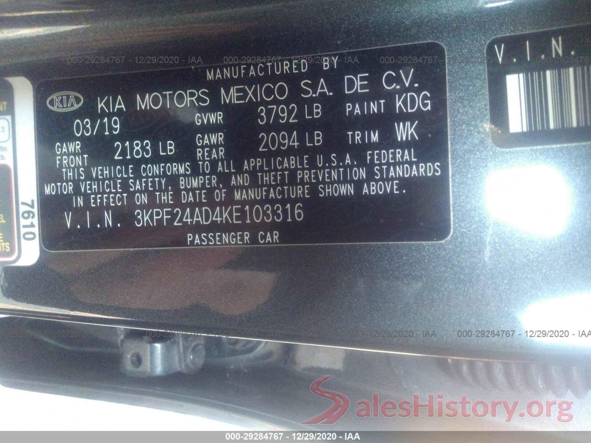 3KPF24AD4KE103316 2019 KIA FORTE