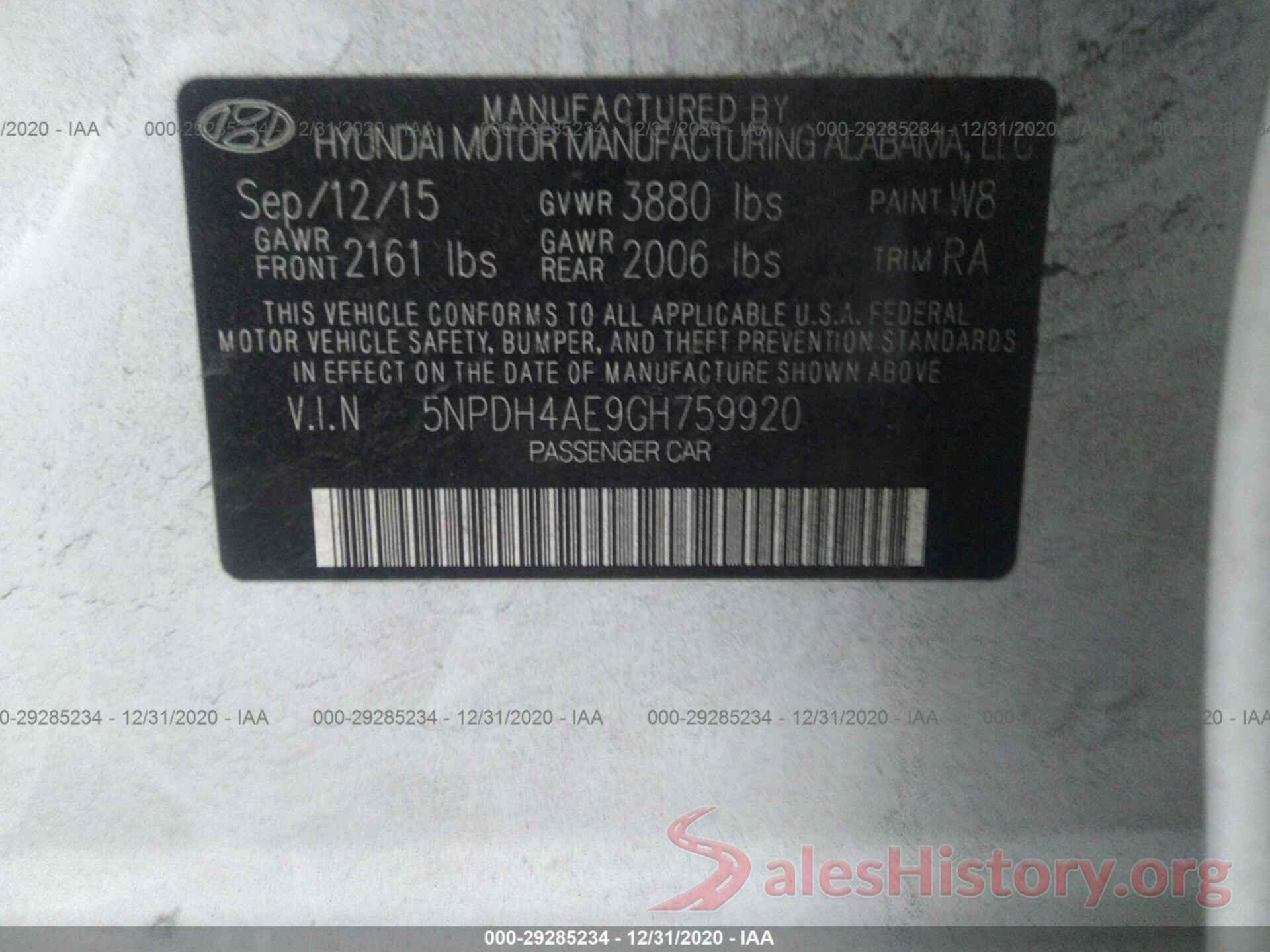 5NPDH4AE9GH759920 2016 HYUNDAI ELANTRA