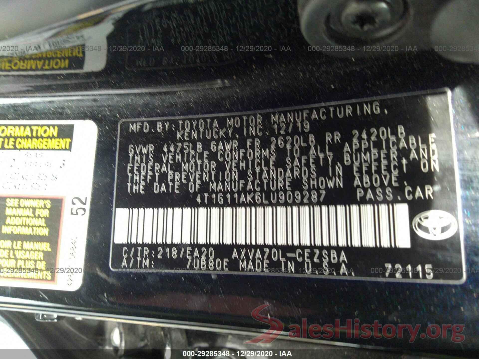 4T1G11AK6LU909287 2020 TOYOTA CAMRY