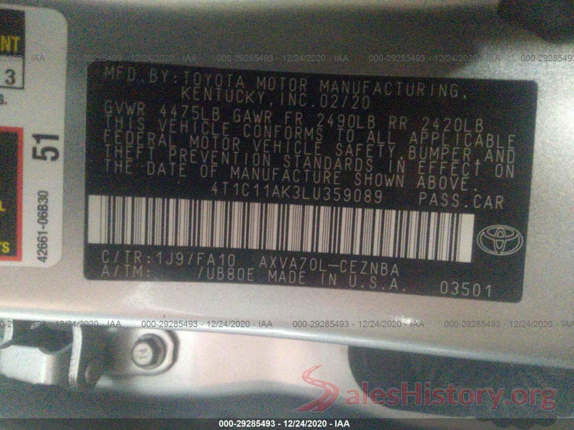 4T1C11AK3LU359089 2020 TOYOTA CAMRY