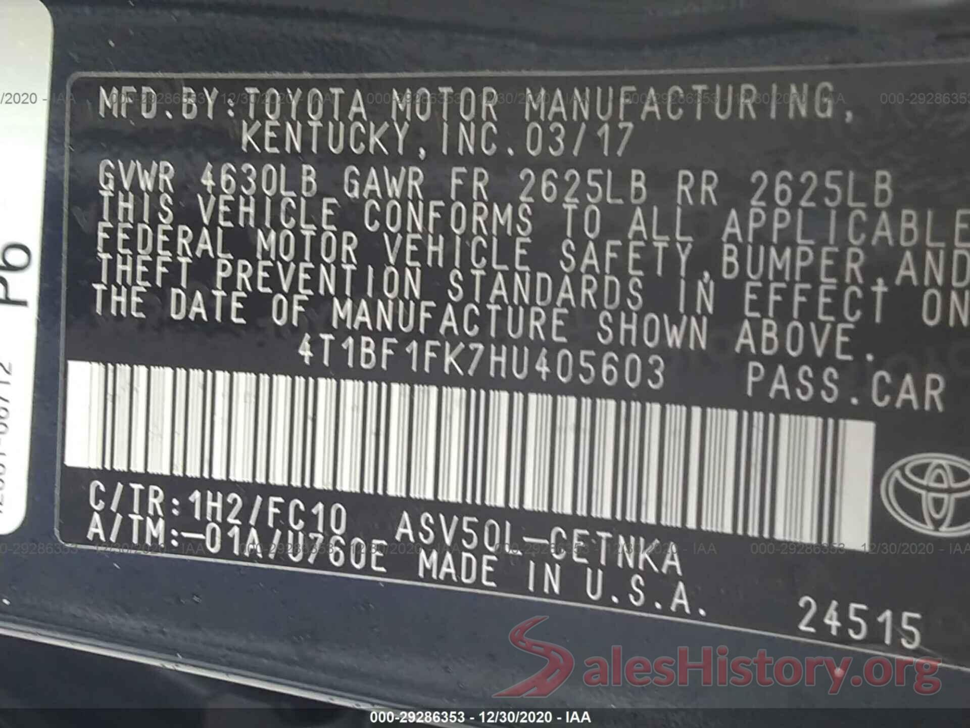 4T1BF1FK7HU405603 2017 TOYOTA CAMRY