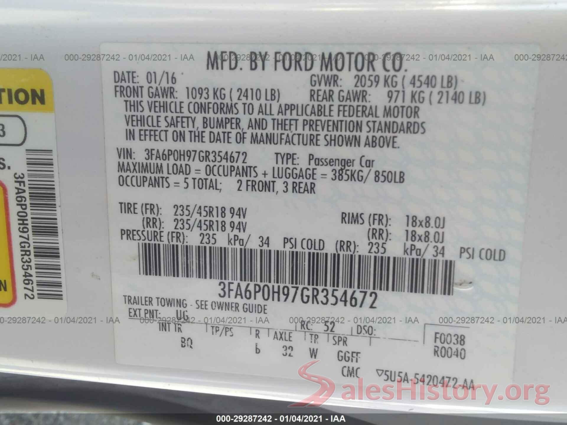 3FA6P0H97GR354672 2016 FORD FUSION