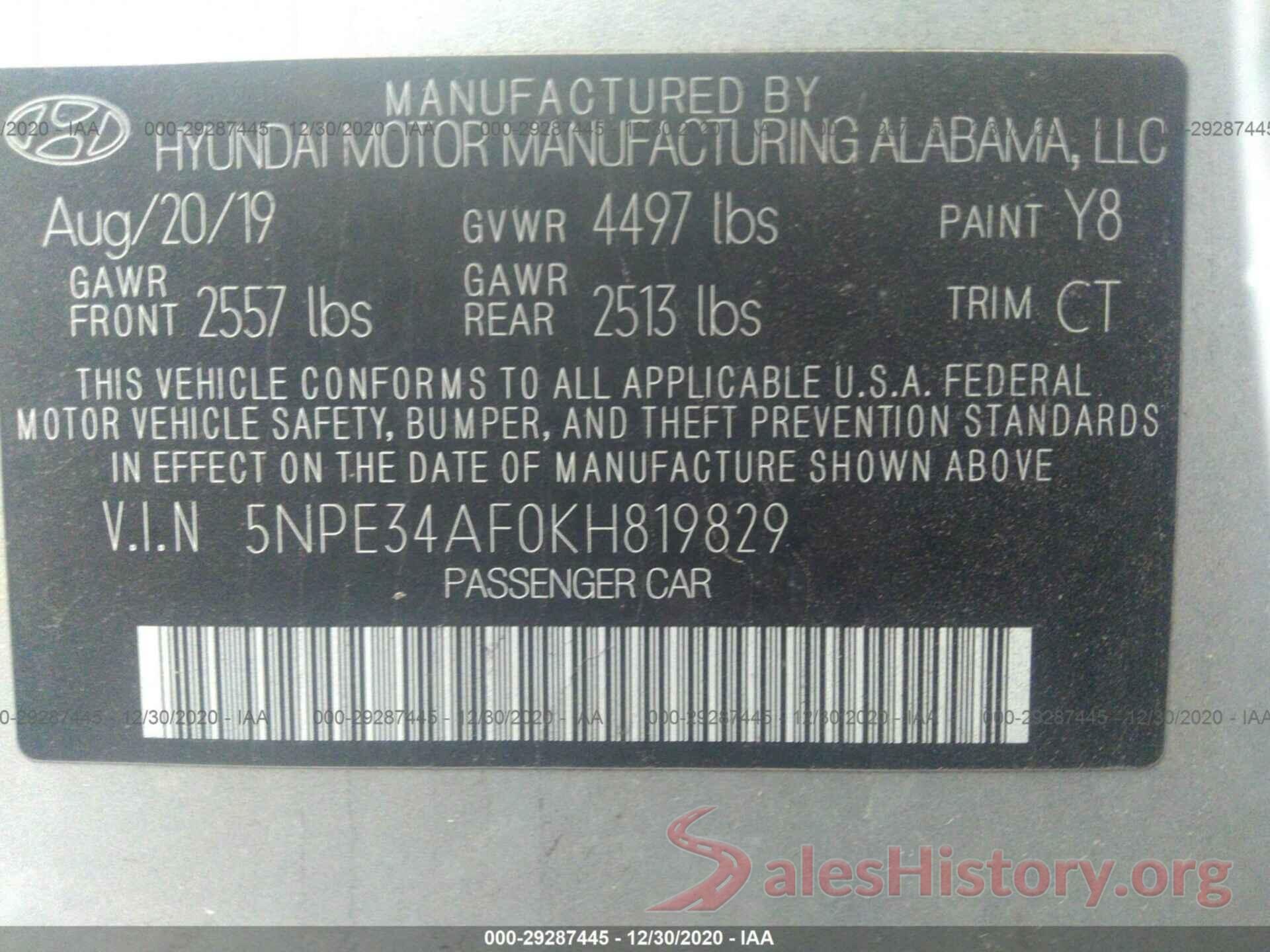 5NPE34AF0KH819829 2019 HYUNDAI SONATA