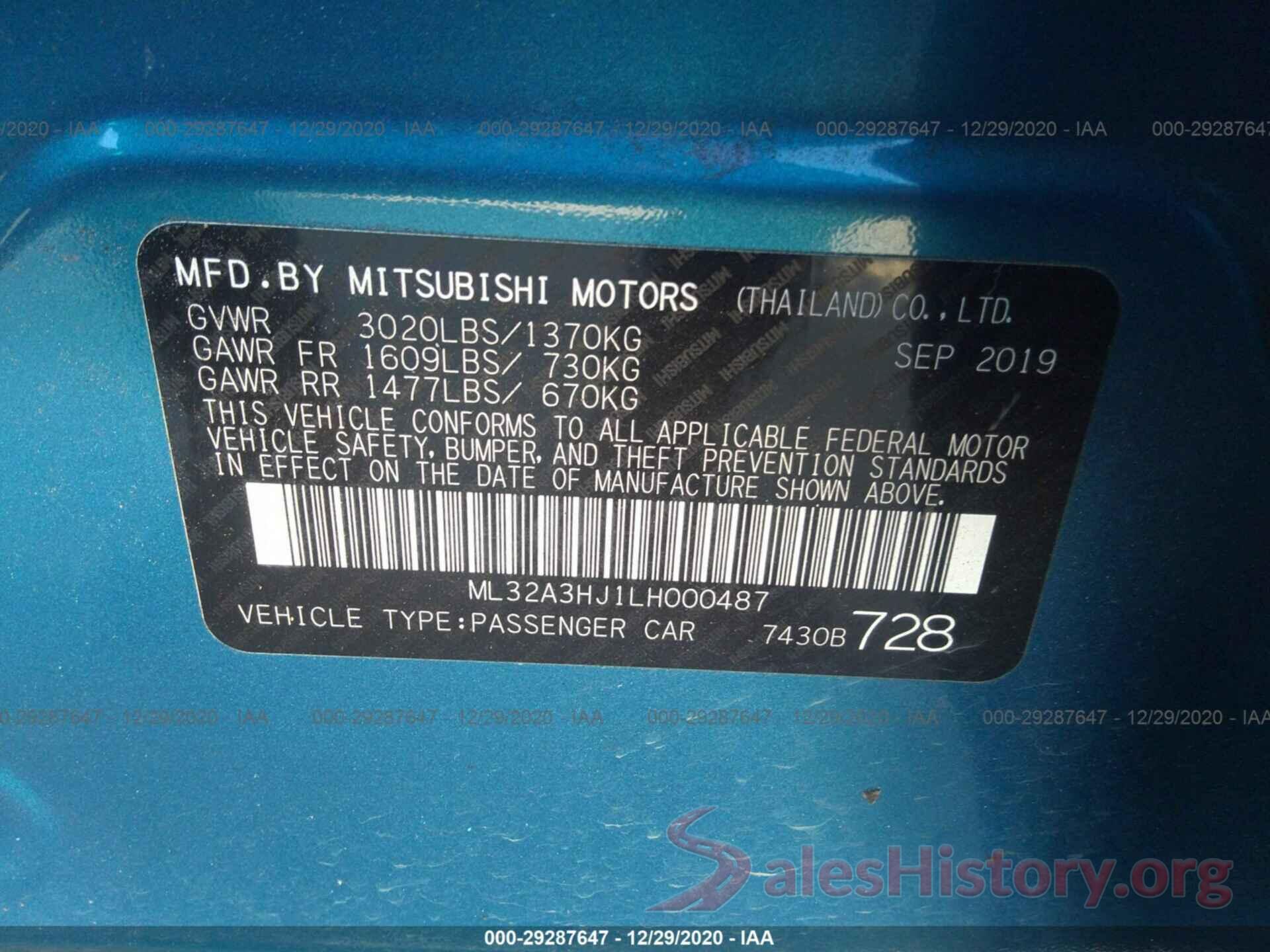 ML32A3HJ1LH000487 2020 MITSUBISHI MIRAGE