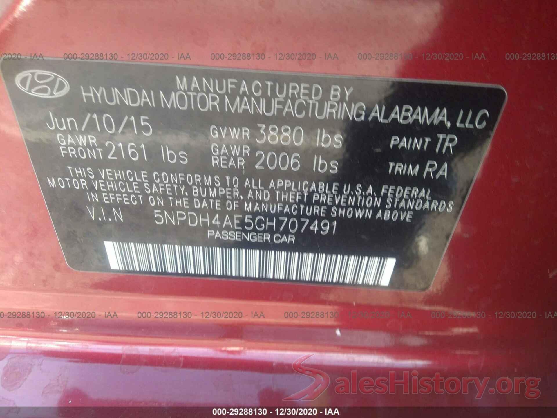 5NPDH4AE5GH707491 2016 HYUNDAI ELANTRA