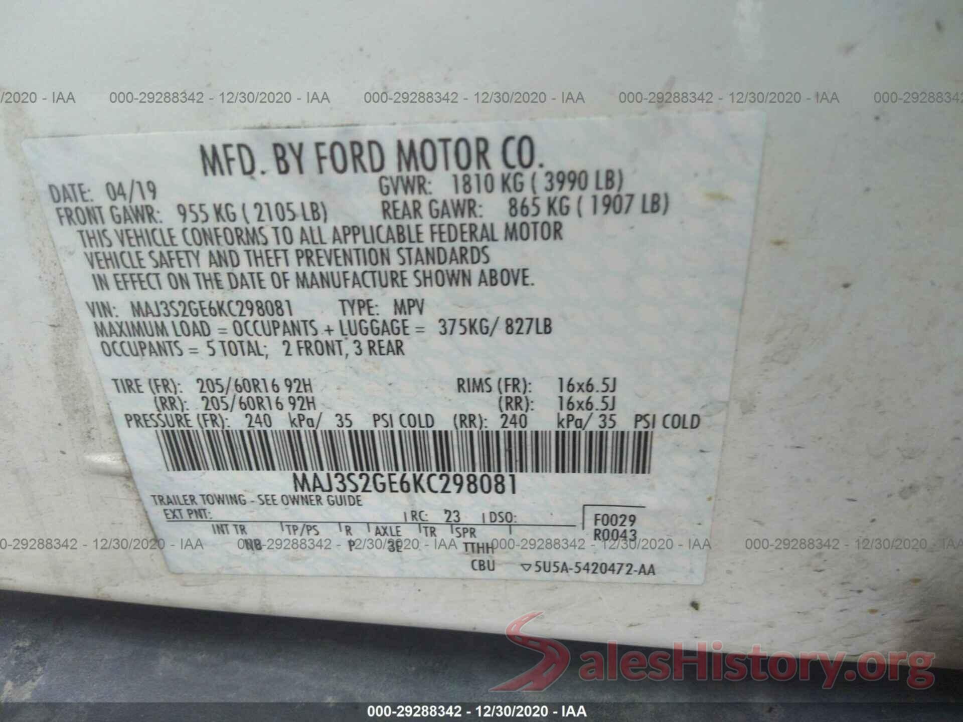 MAJ3S2GE6KC298081 2019 FORD ECOSPORT