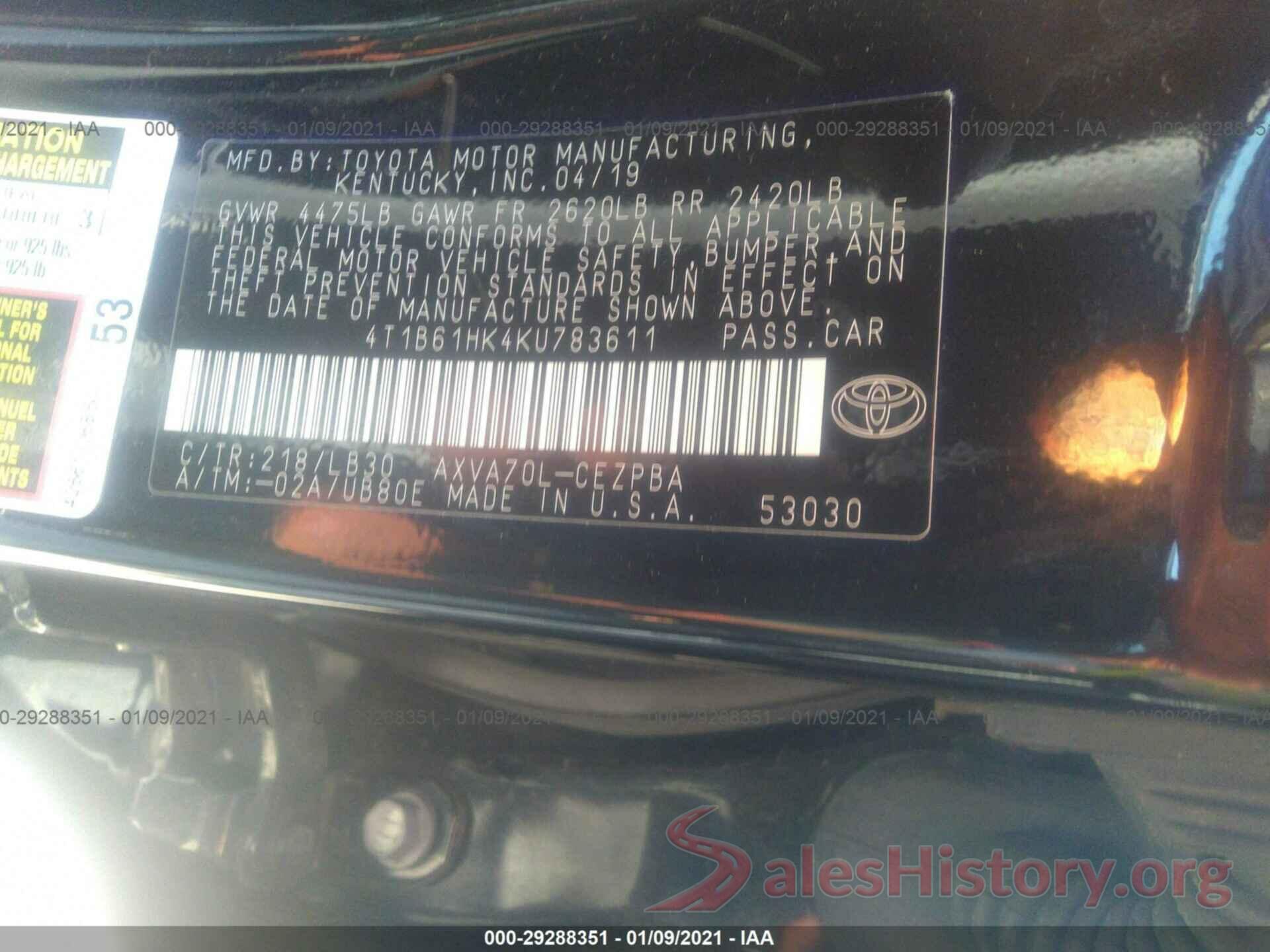 4T1B61HK4KU783611 2019 TOYOTA CAMRY