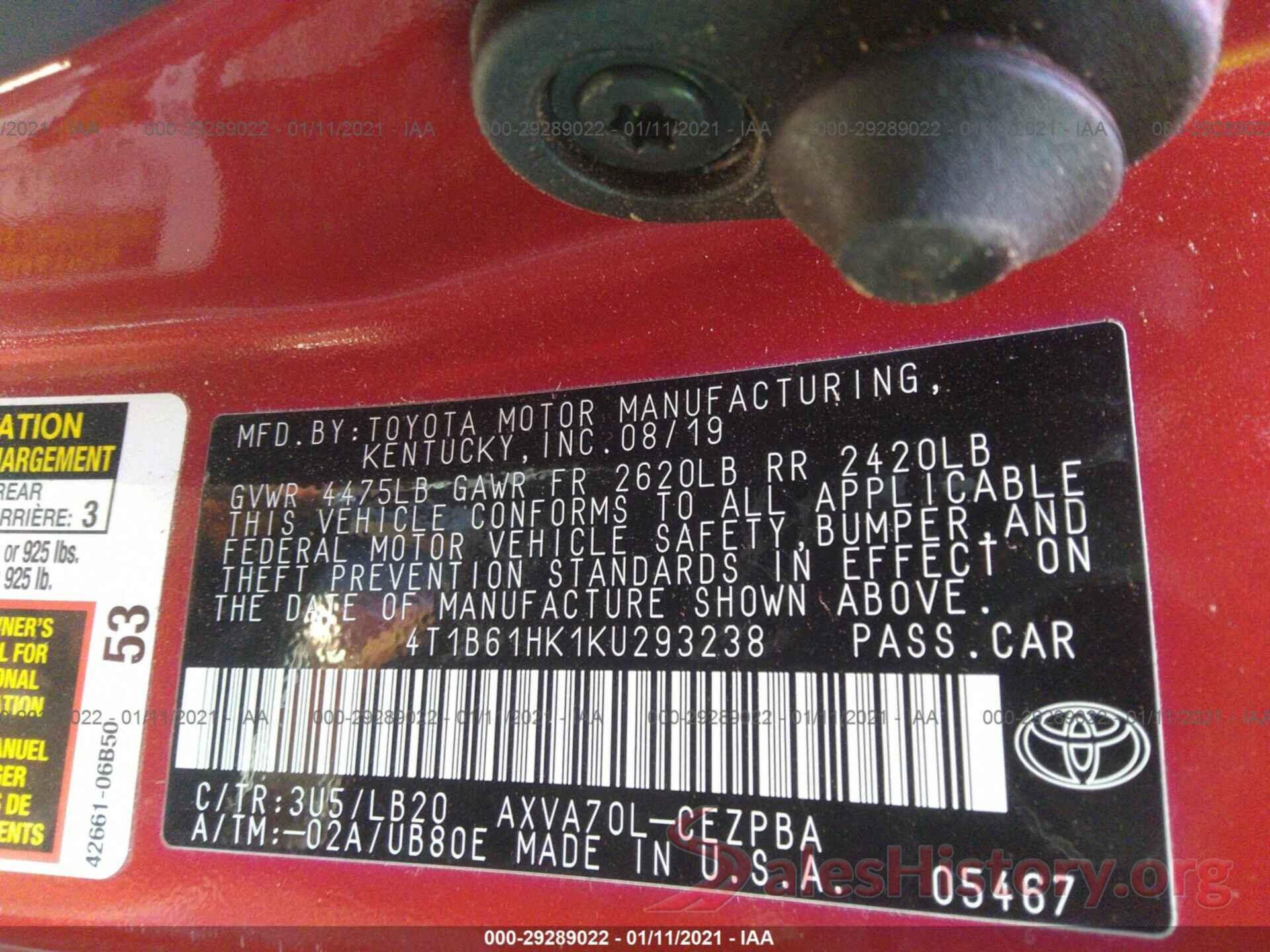 4T1B61HK1KU293238 2019 TOYOTA CAMRY