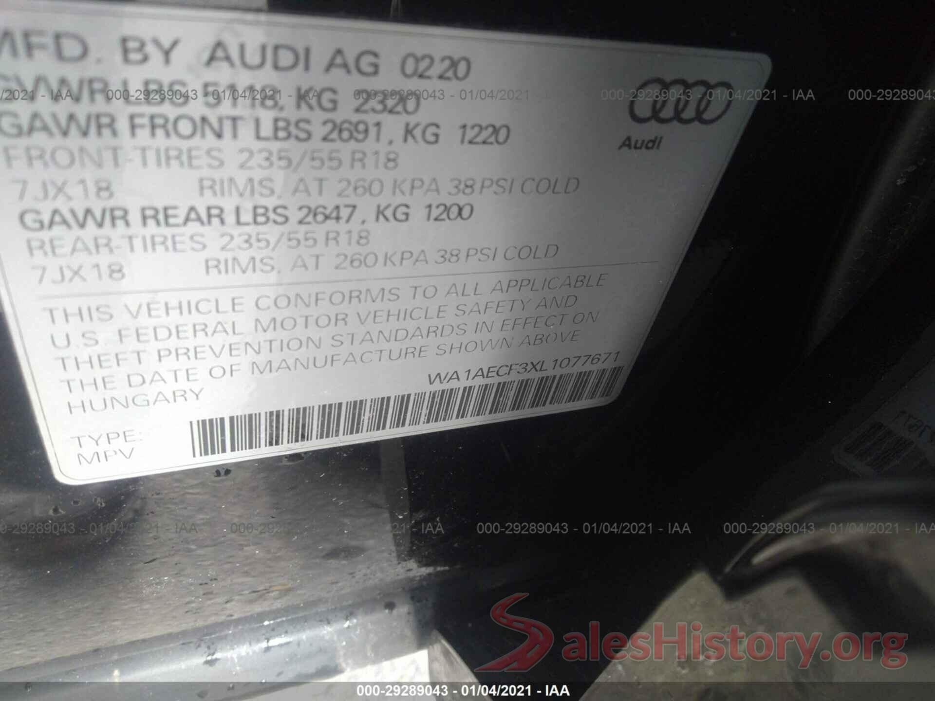 WA1AECF3XL1077671 2020 AUDI Q3