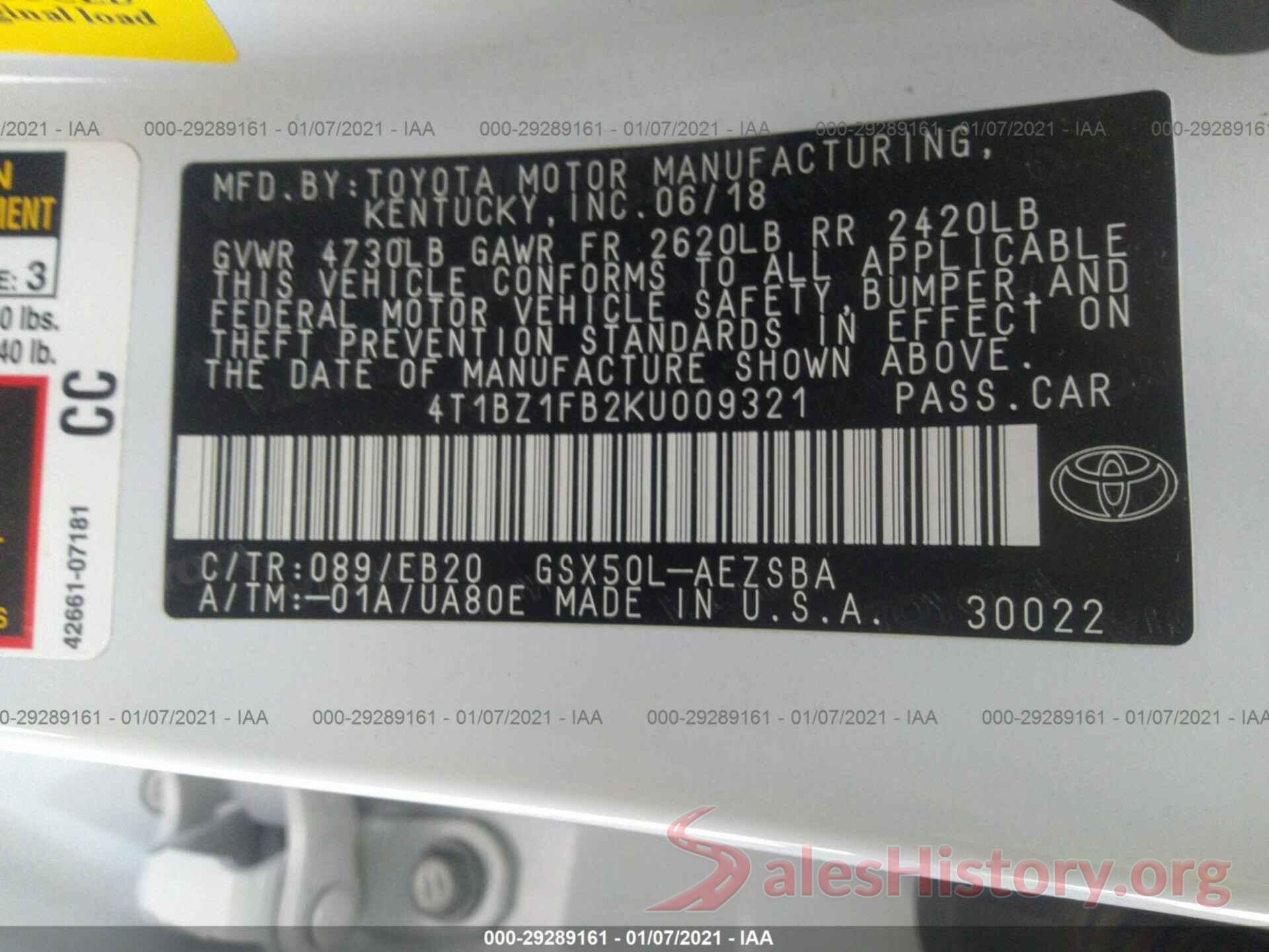 4T1BZ1FB2KU009321 2019 TOYOTA AVALON